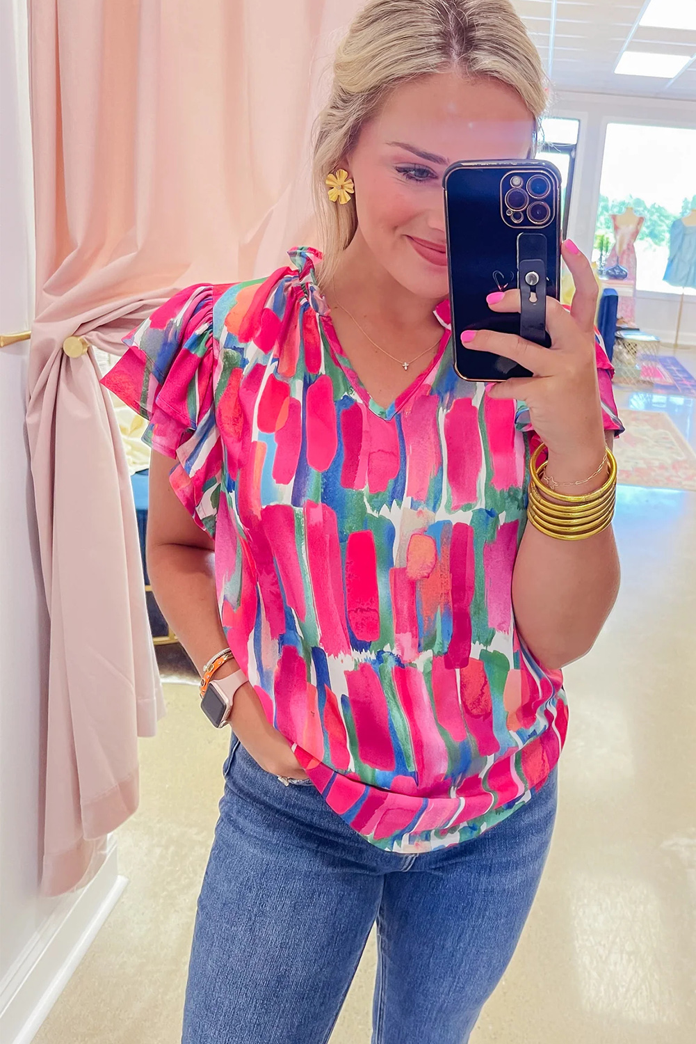 Rose Abstract Brush Print Ruffled Sleeve Frill V Neck Blouse - loveforevers