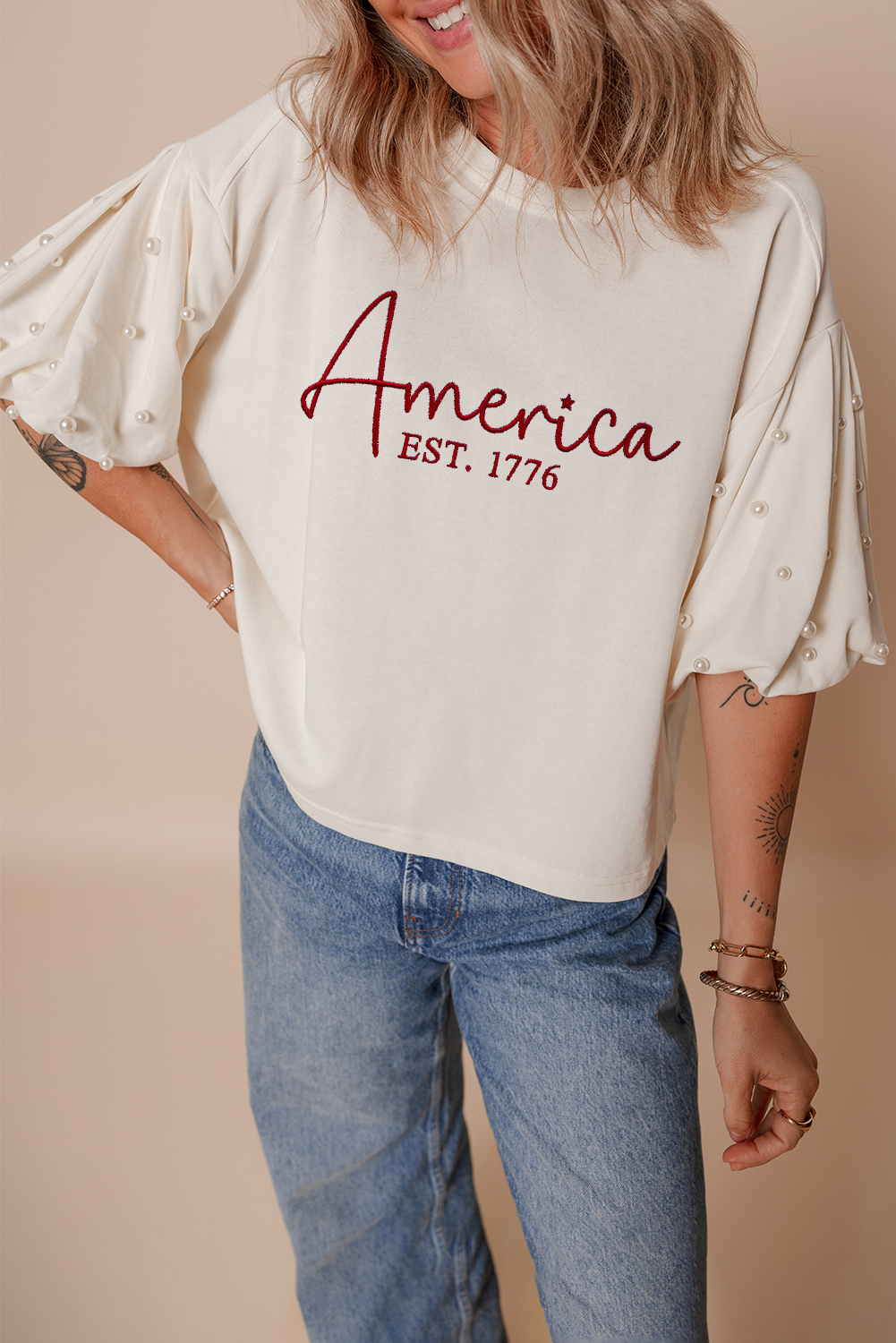 White America EST 1776 Embroidered Pearl Beaded Sleeve T Shirt - loveforevers