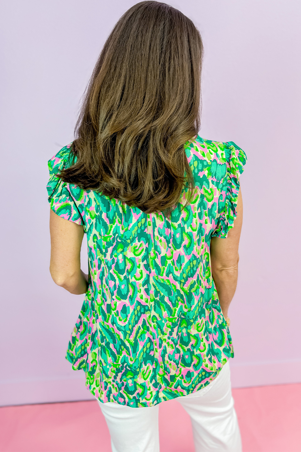 Green Abstract Print Ruffled Trim Tied Split Neck Tank Top - loveforevers