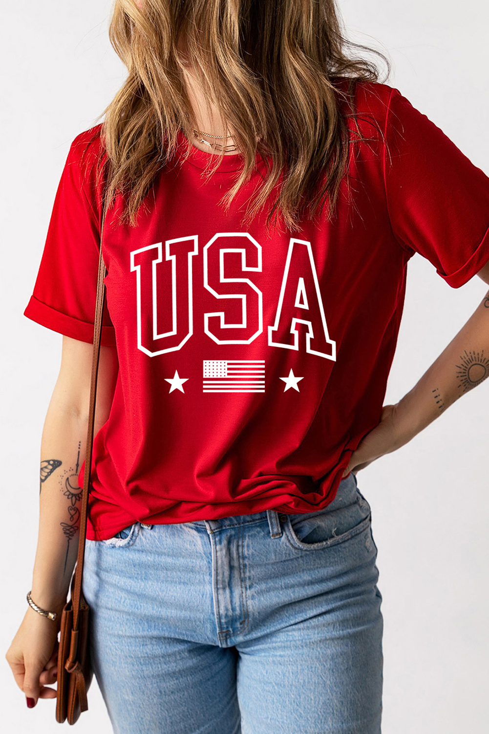Red USA American Flag Print Crewneck T Shirt - loveforevers