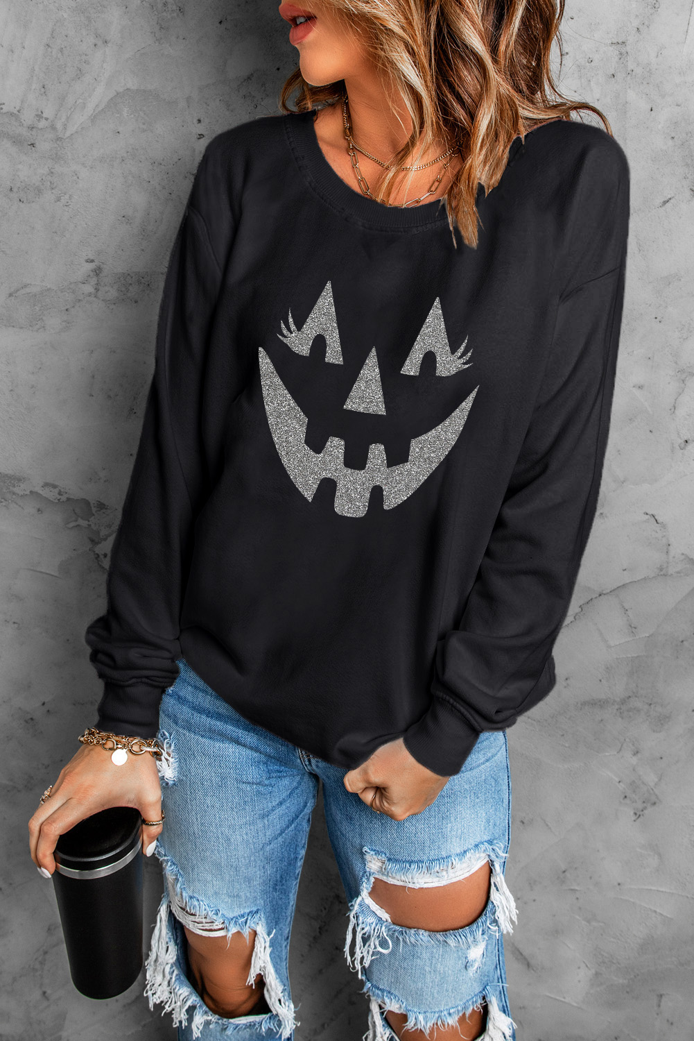 Black Spooky Face Printed Halloween Fashion Baggy Sweatshirt - loveforevers