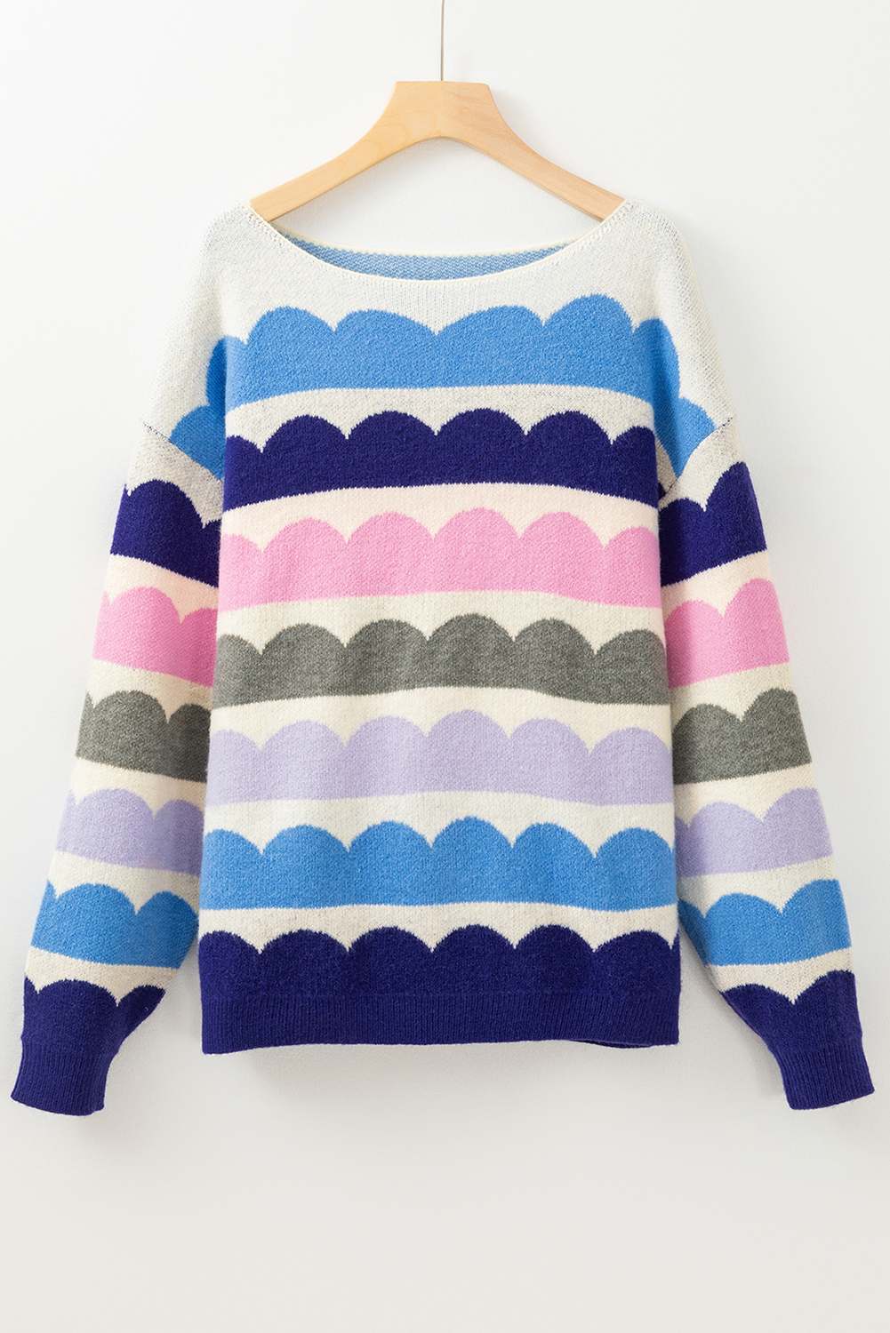 Rose Red Wave Striped Balloon Sleeve Drop Shoulder Sweater - loveforevers