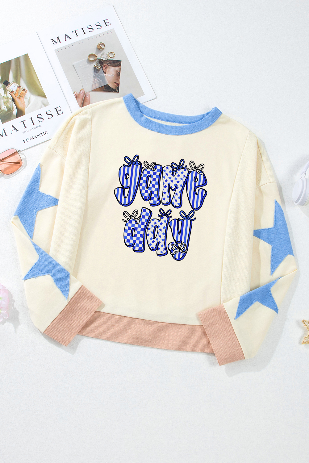Beige Game Day Graphic Starry Patched Sleeve Contrast Trim Casual Sweatshirt - loveforevers