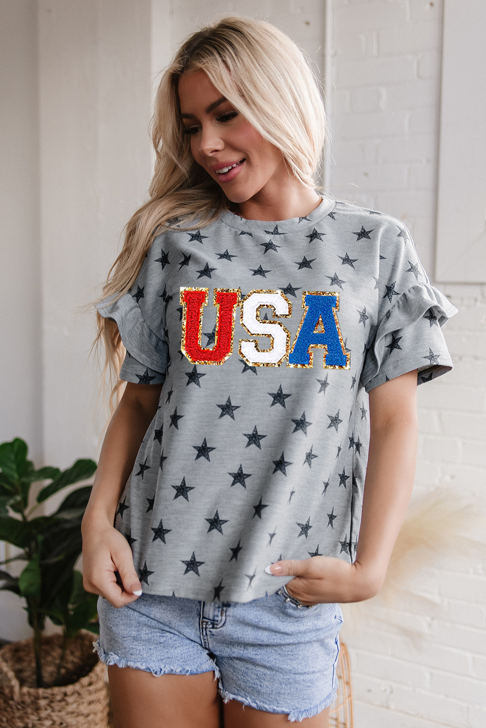 Gray USA Letter Patched Star Printed Ruffle Trim Sleeves Loose Tee - loveforevers