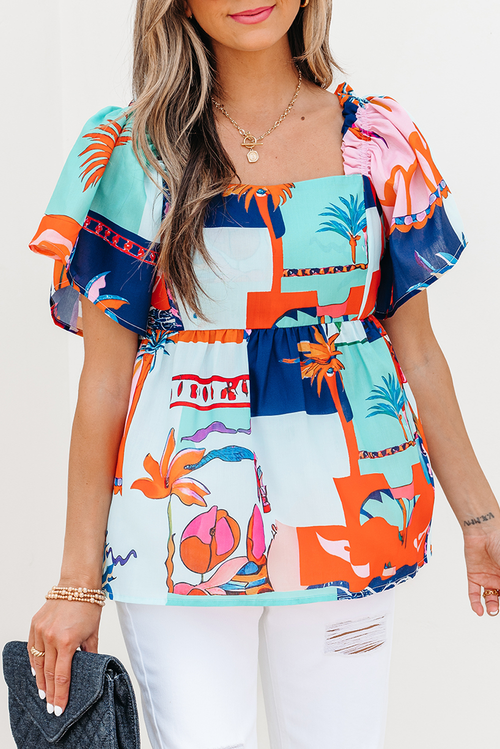 Sky Blue Tropical Printed Square Neck Flutter Sleeve Babydoll Blouse - loveforevers