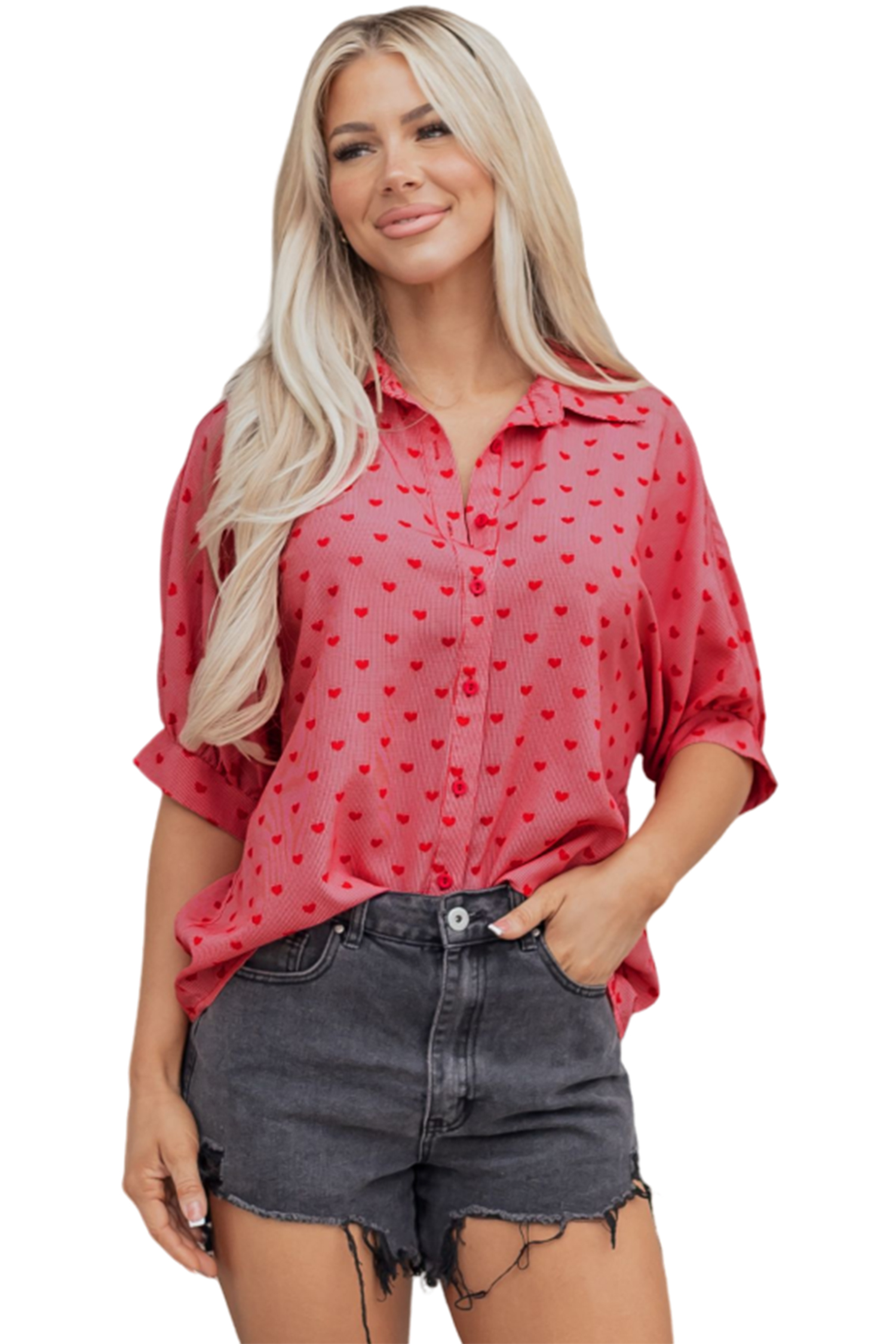 Red Heart Shape Print Half Sleeve Loose Valentine Shirt - loveforevers