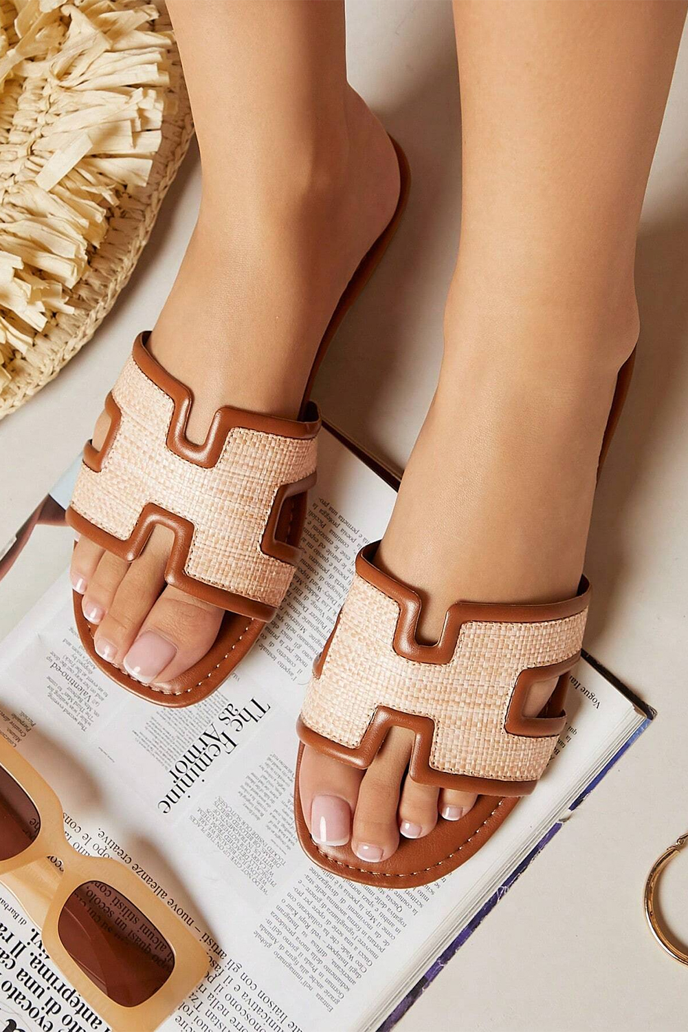 White Faux Raffia Detail Hollowed Open Toe Slippers - loveforevers