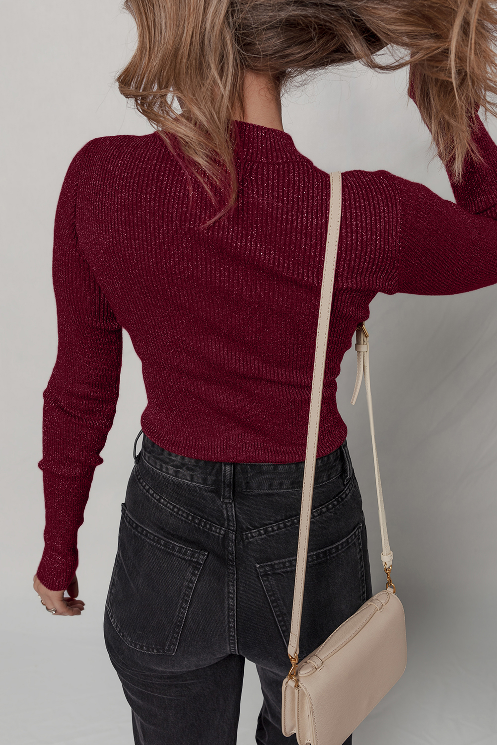 Red Dahlia Metal Ribbed Knit Long Sleeve Slim Fit Top - loveforevers