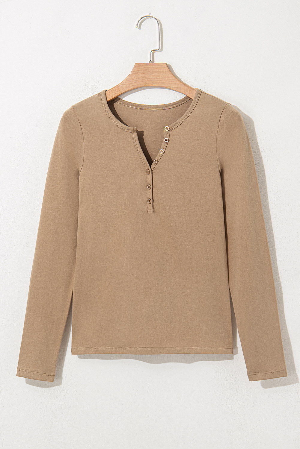 Pale Khaki Long Sleeve Buttons V Neck Slim Fit Top - loveforevers
