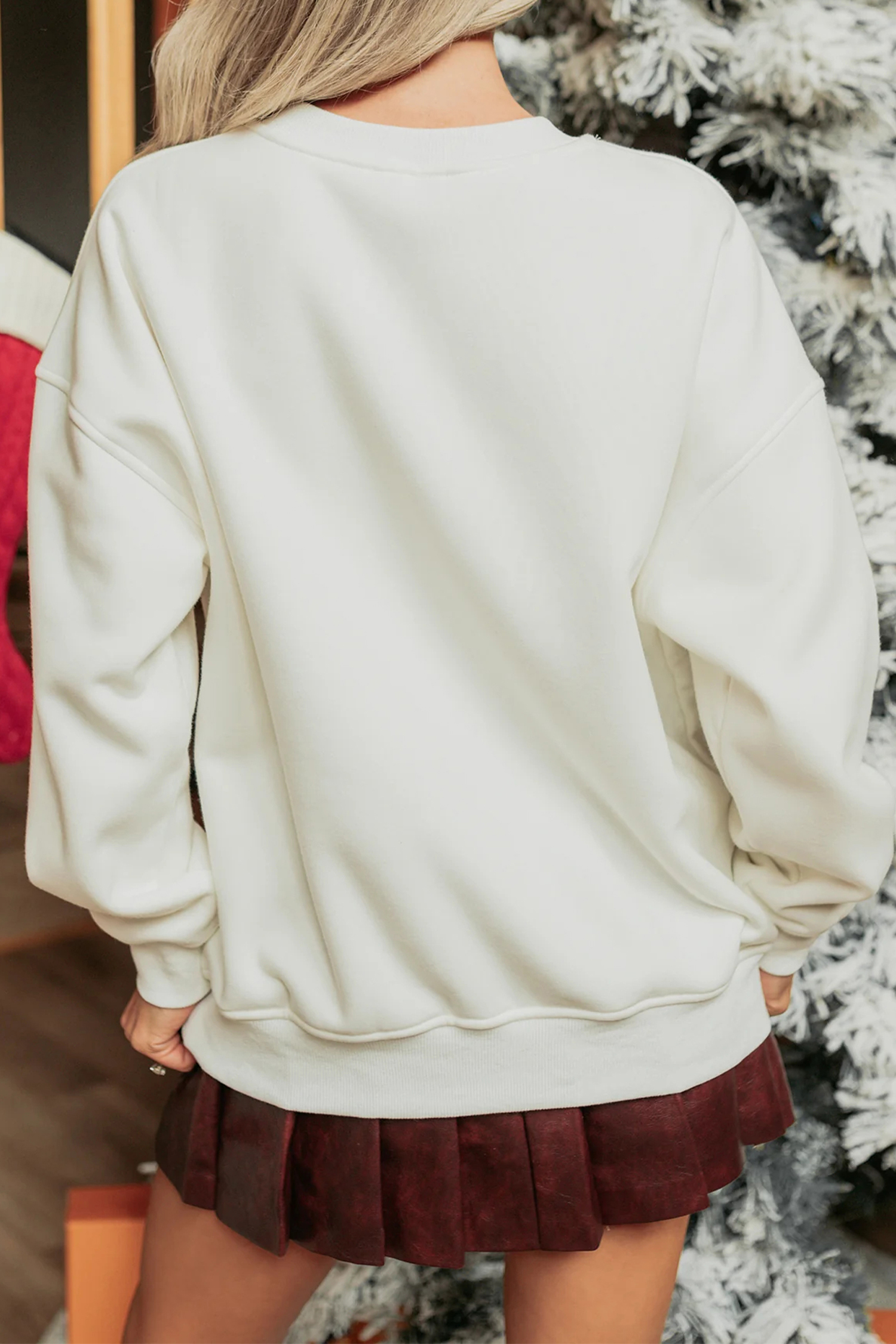 White Christmas Tree Ribbon Bow Printed Drop Shoulder Sweatshirt - loveforevers
