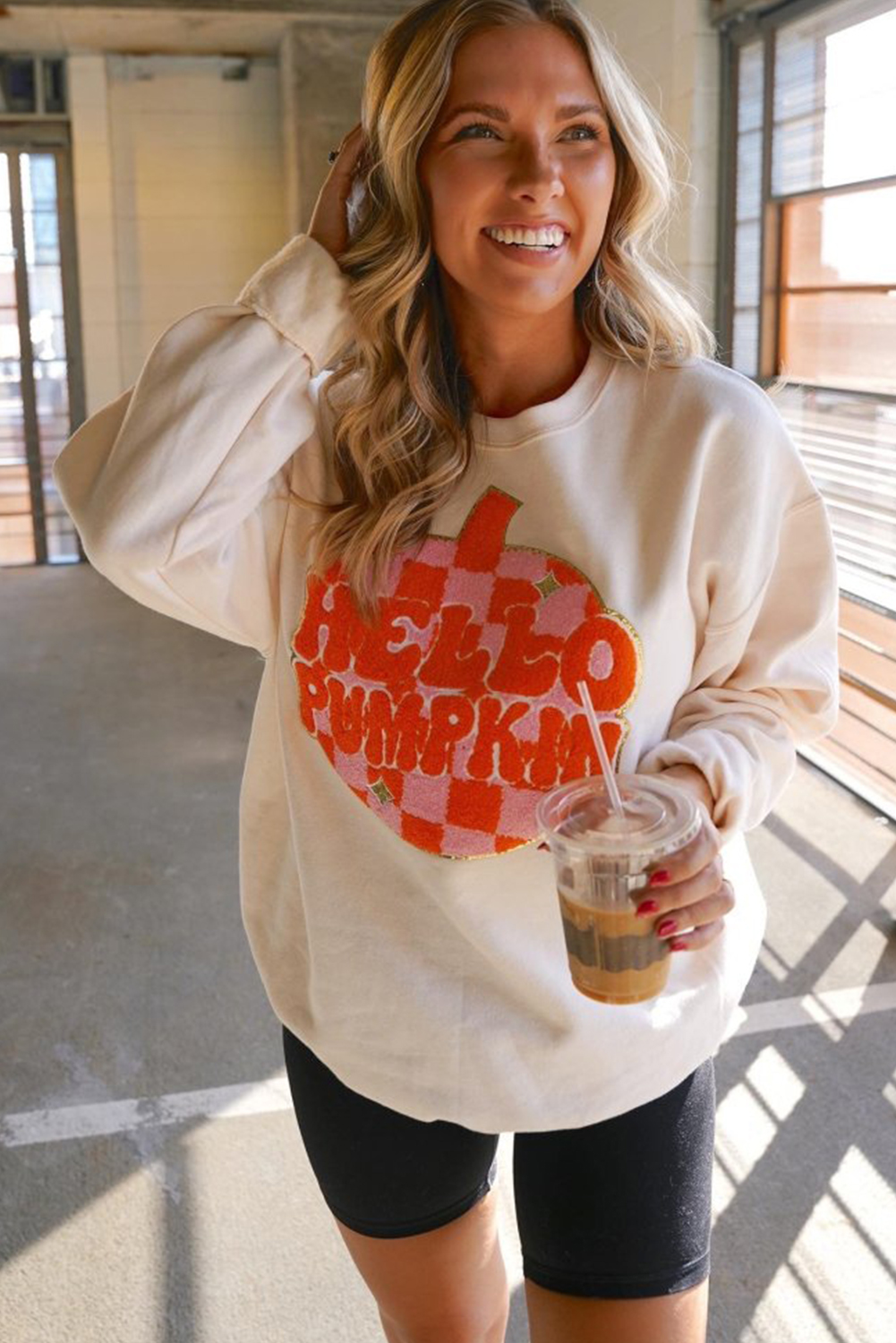 White Terry Halloween Pumpkin Patched Pattern Pullover Sweatshirt - loveforevers