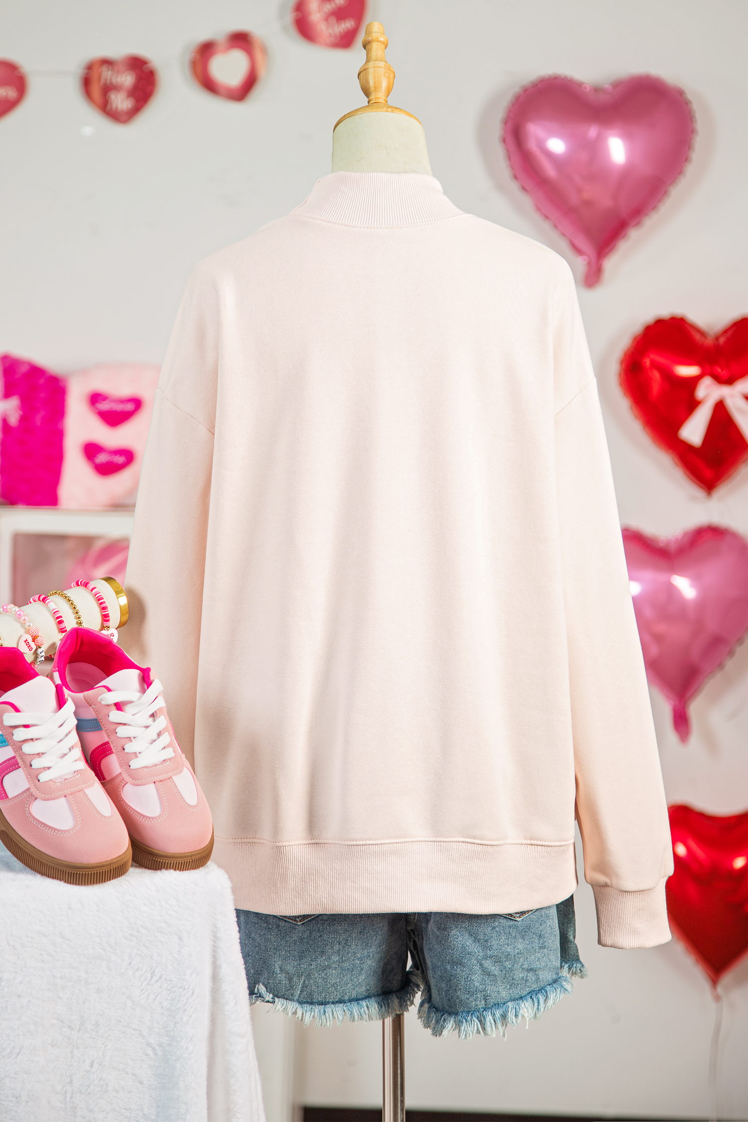 Apricot Pink Mock Neck Love Letter Embroidered Valentines Day Sweatshirt - loveforevers
