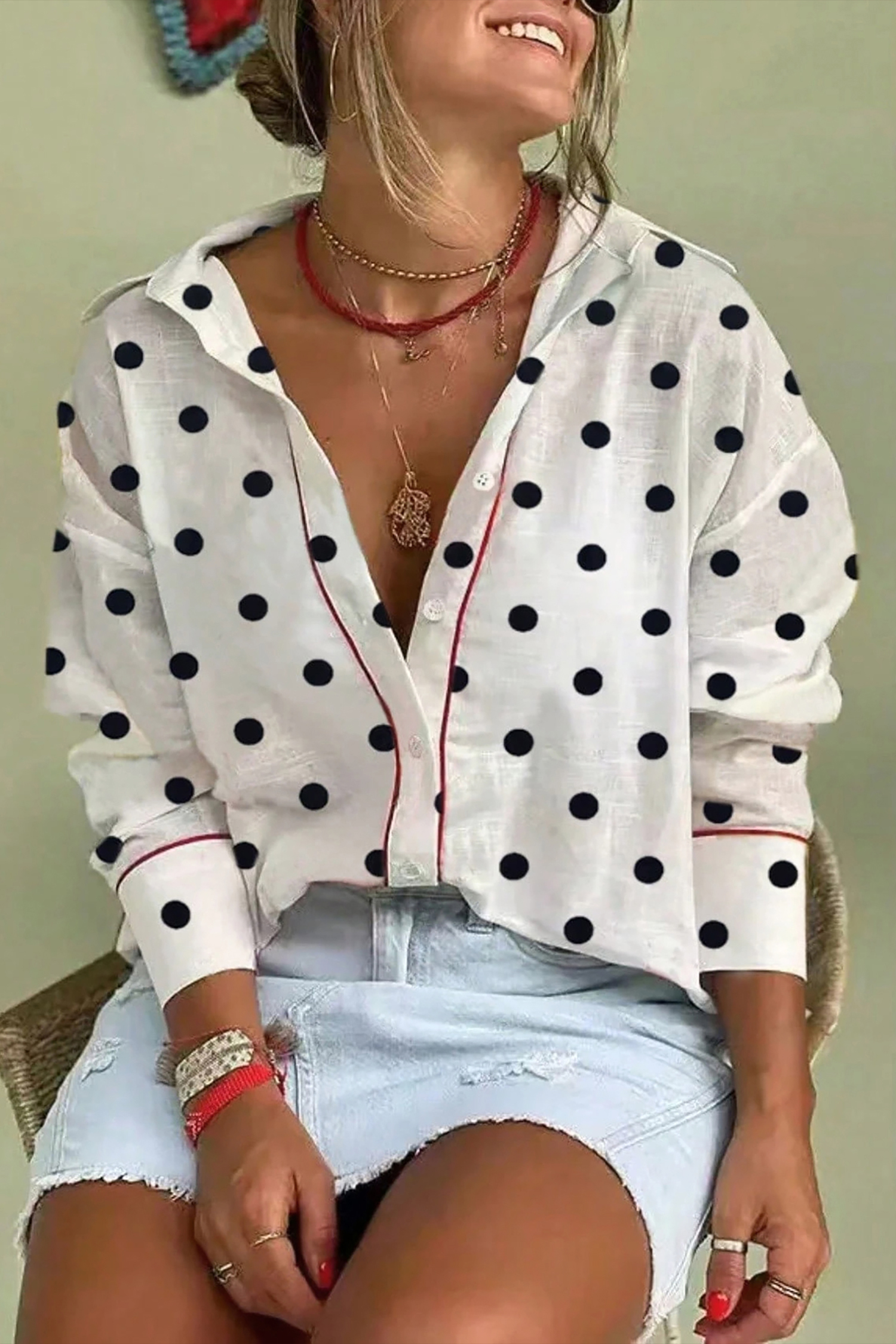 White Polka Dot Print Contrast Piping Elegant Shirt - loveforevers
