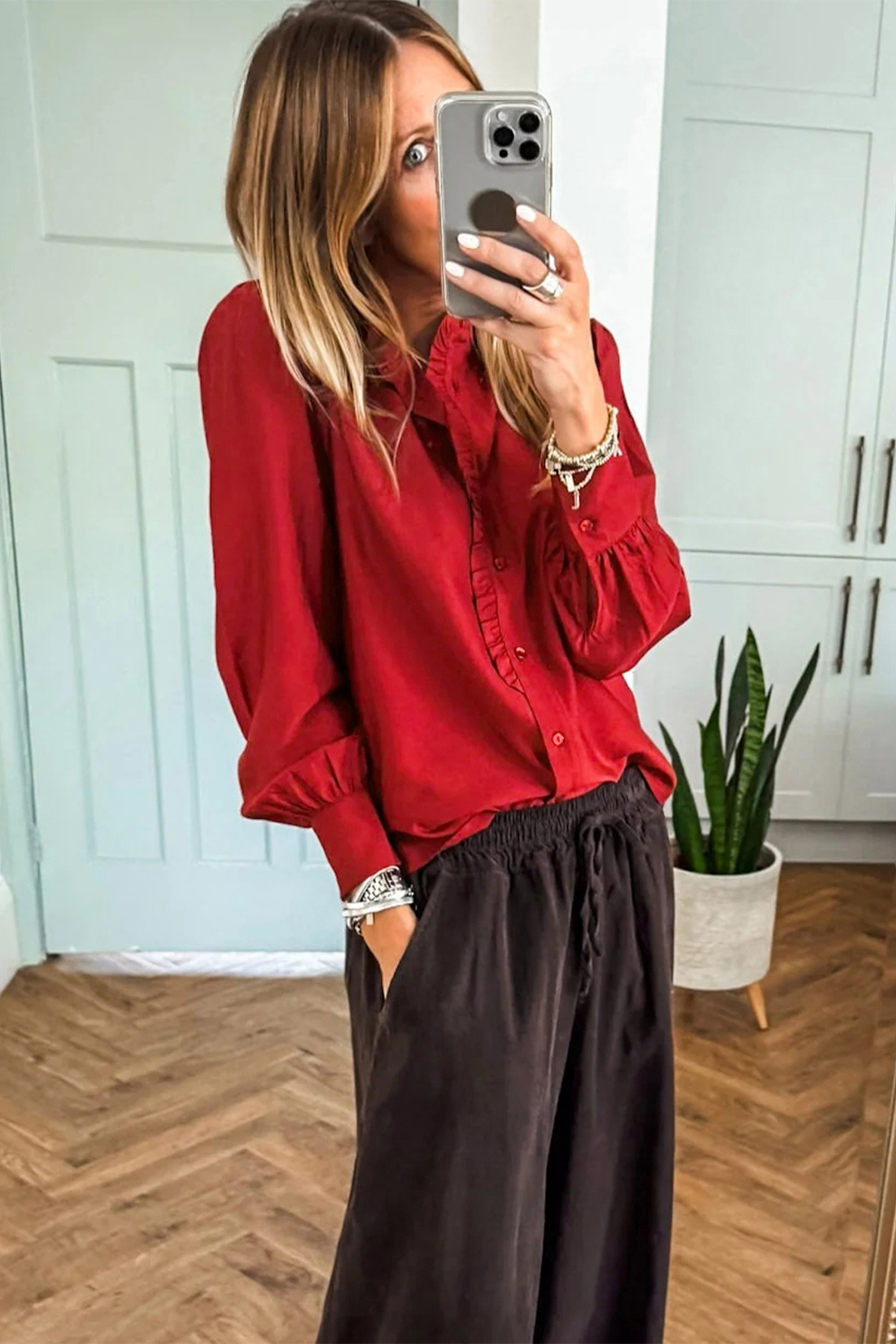 Fiery Red Frilled Trim Button Up Pleated Long Sleeve Shirt - loveforevers