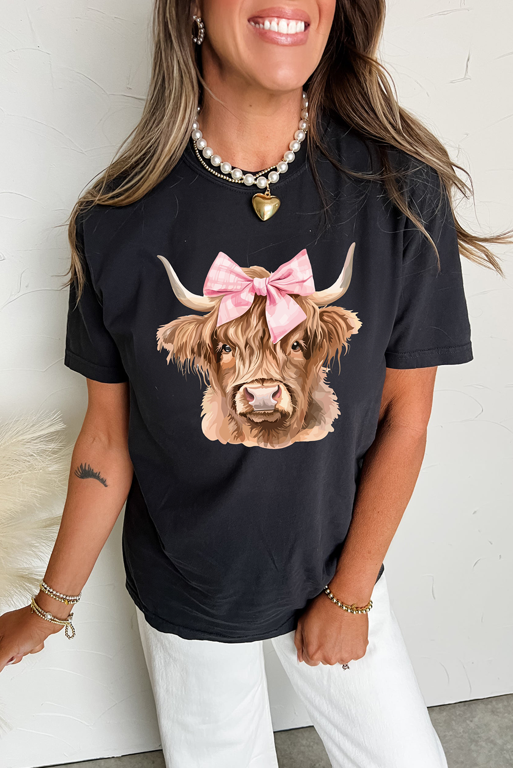 Black Bow Cow Head Graphic Western Fashion T Shirt - loveforevers