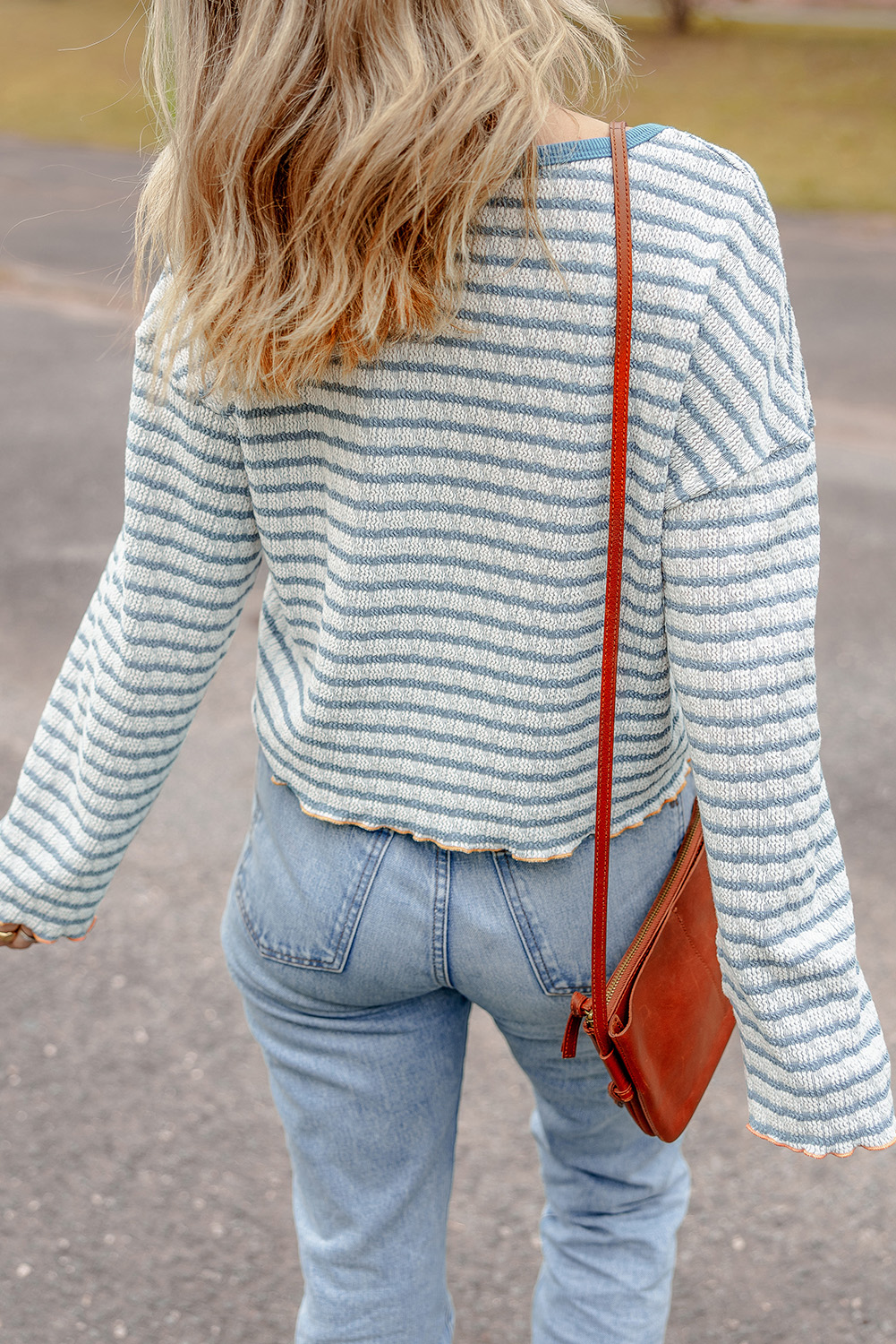 Sky Blue Stripe Textured Frilly Trim Buttons Henley Long Sleeve Top - loveforevers