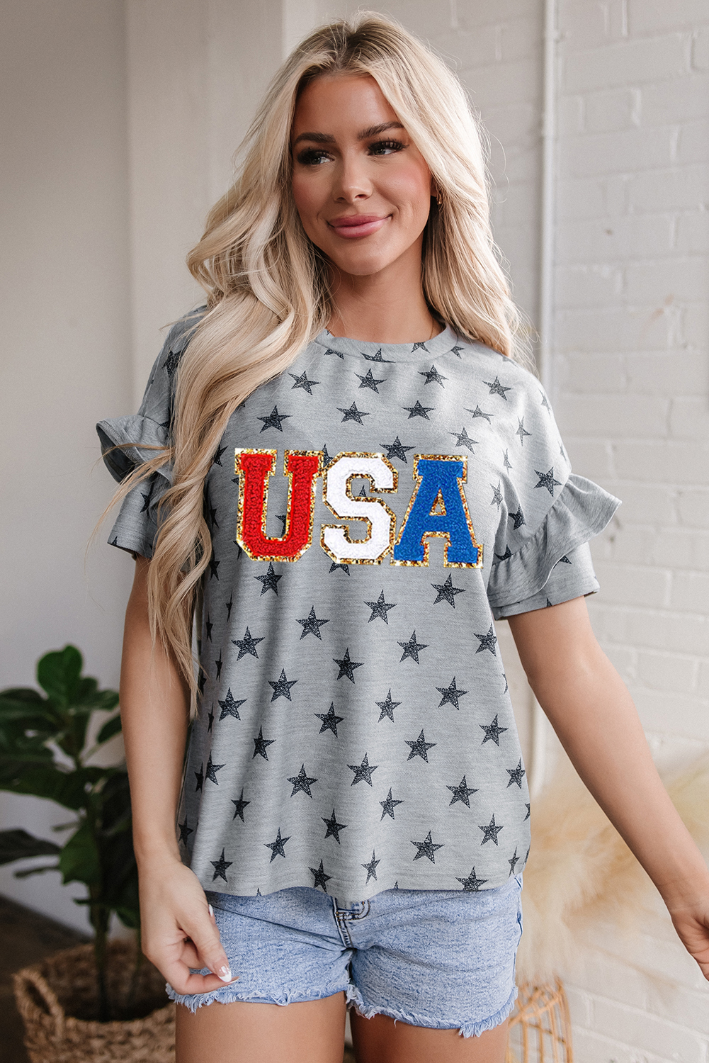 Gray USA Letter Patched Star Printed Ruffle Trim Sleeves Loose Tee - loveforevers