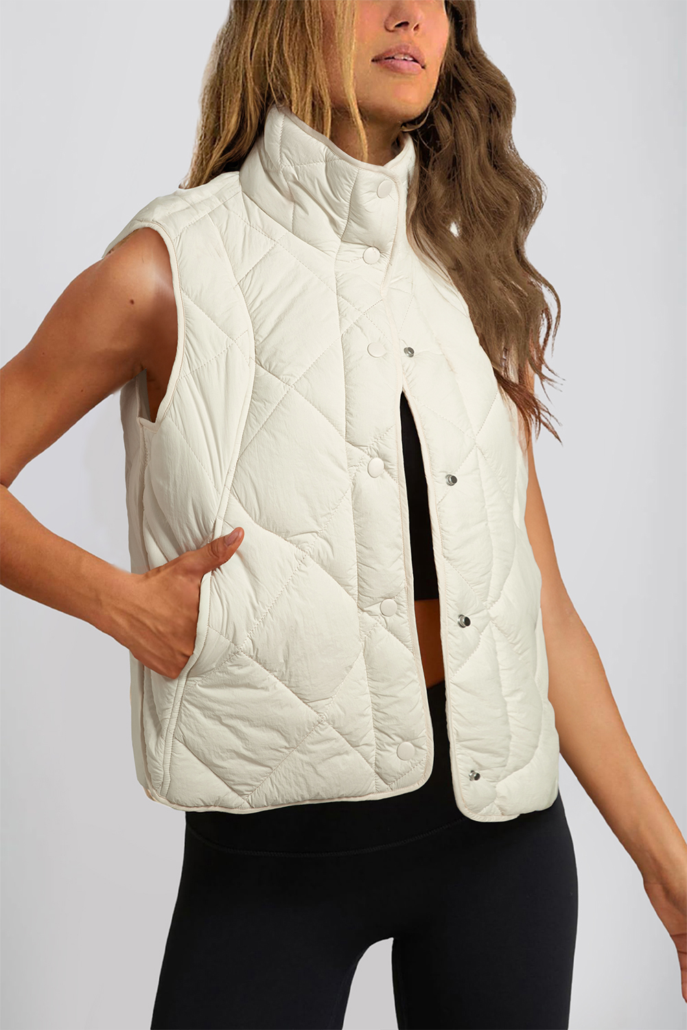 Beige Quilted High Neck Button Up Pocket Vest Coat - loveforevers
