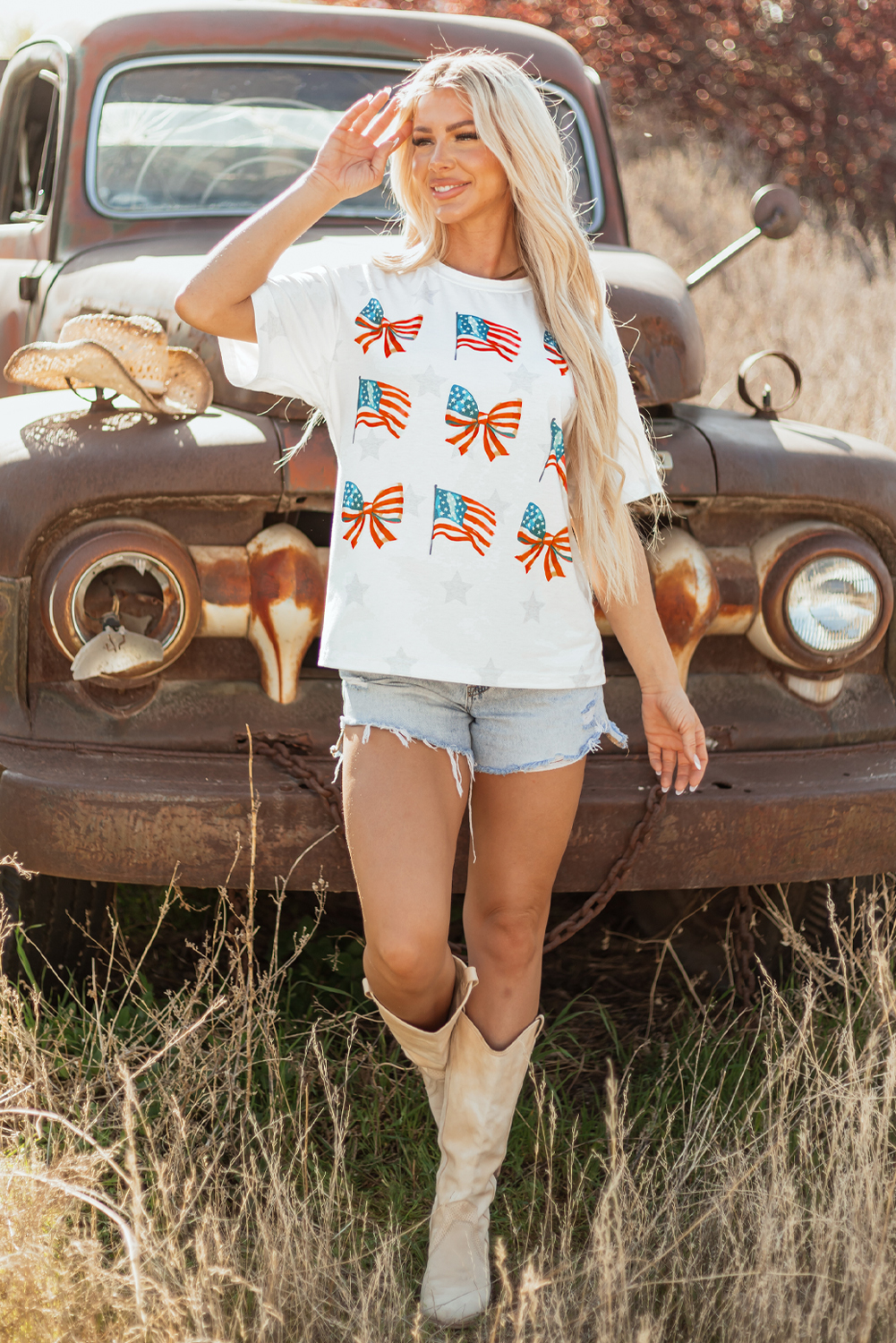 Khaki Patriotic Flag Bow Graphic Starry Round Neck T Shirt - loveforevers