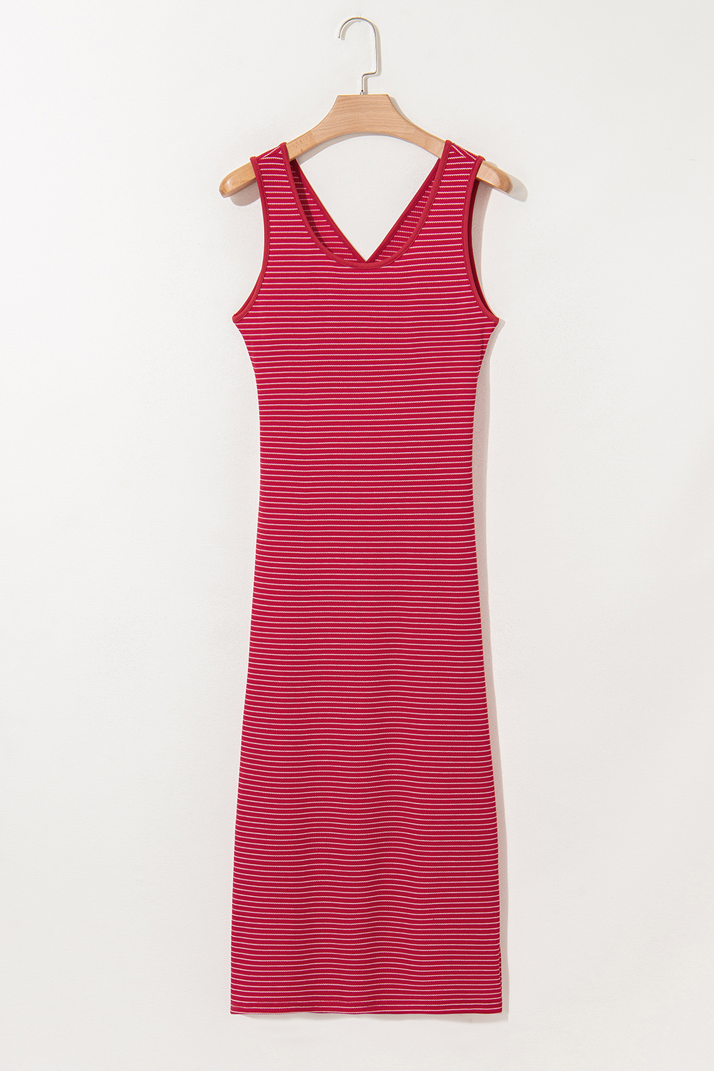 Red Stripe Criss Cross Side Slits Slim Fit Sleeveless Midi Dress - loveforevers