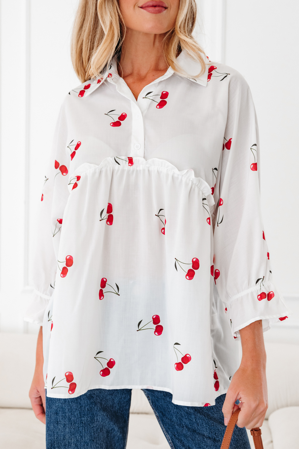 White Cherry Print Flounce Sleeve Collared Frilled Babydoll Blouse - loveforevers