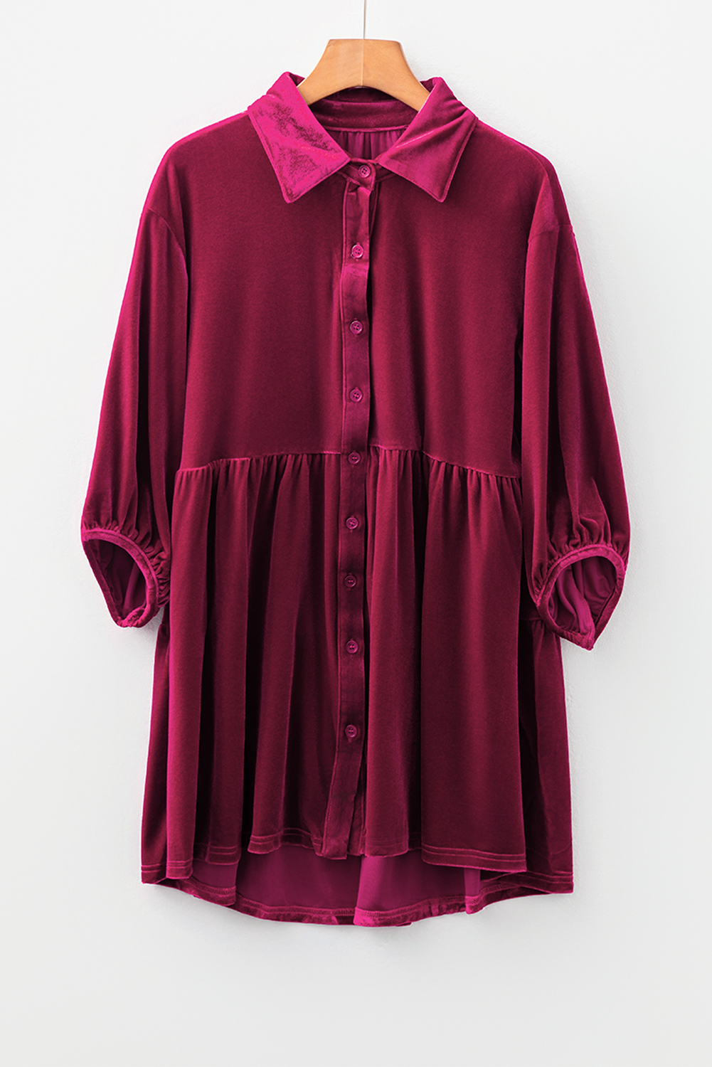 Burgundy 3/4 Sleeve Tunic Babydoll Velvet Shirt - loveforevers