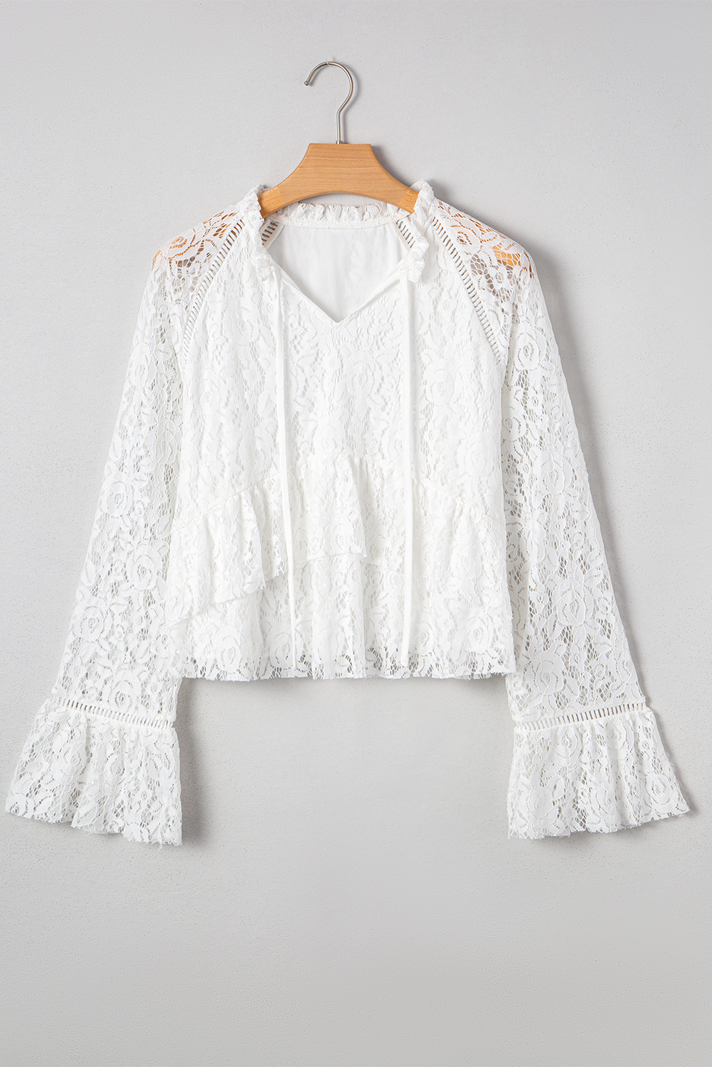 White Tie V Neck Lace Ruffle Detail Long Sleeve Blouse - loveforevers