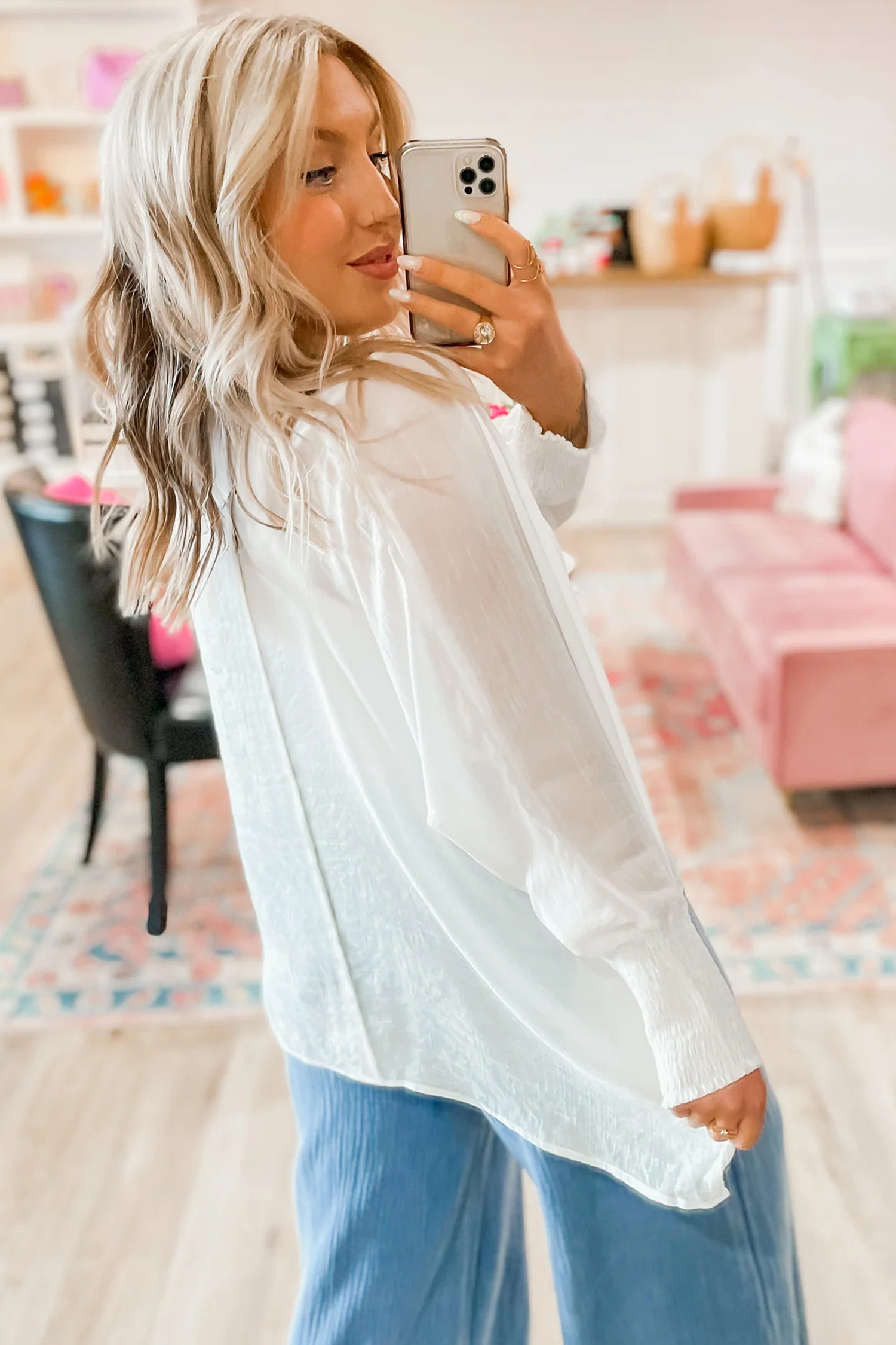 White Smocked Cuffs Semi Sheer Long Sleeve Dolman Blouse - loveforevers