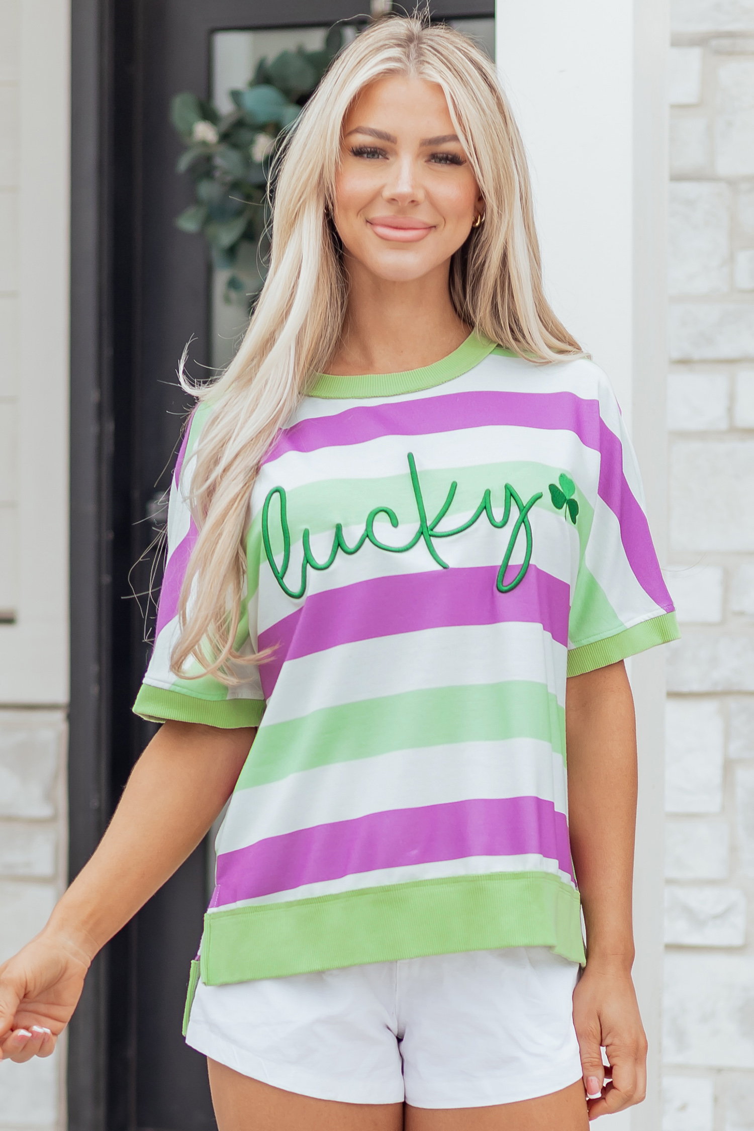 Green Stripe Lucky Clover Embroidered Graphic Dolman Loose Tee - loveforevers