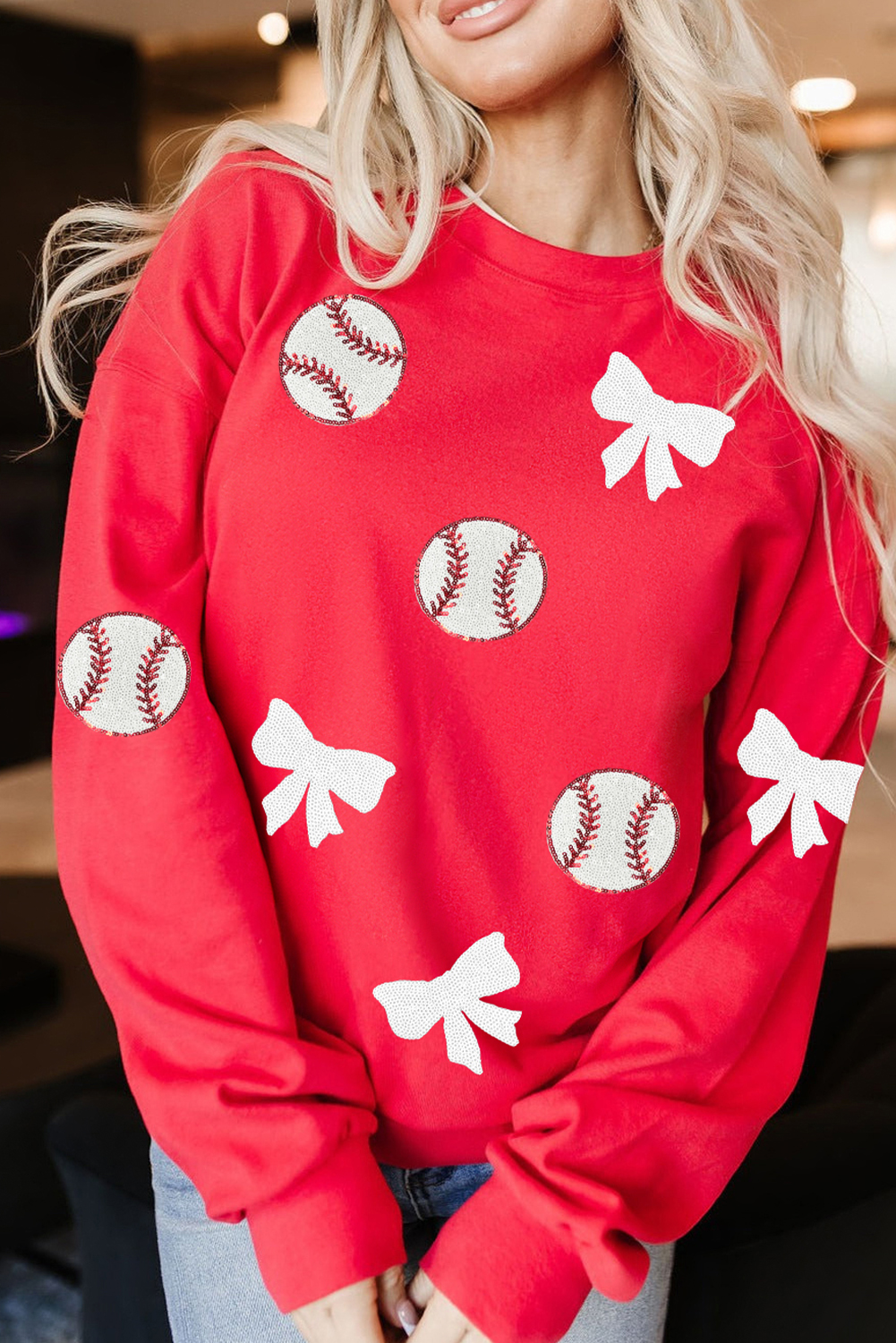 Red Sequin Baseball Bow Patched Pattern Game Day Pullover Sweatshirt - loveforevers