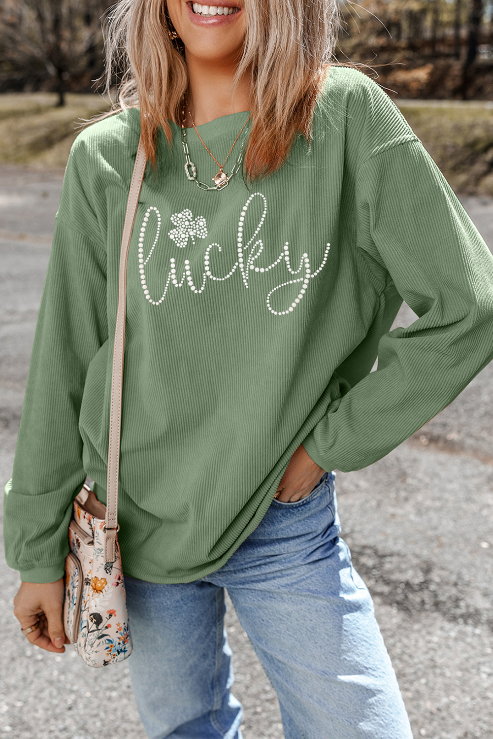 Grass Green Rhinestone lucky Clover Graphic Ribbed St Patrick Sweatshirt - loveforevers