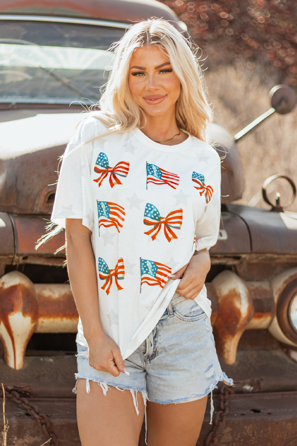 Khaki Patriotic Flag Bow Graphic Starry Round Neck T Shirt - loveforevers