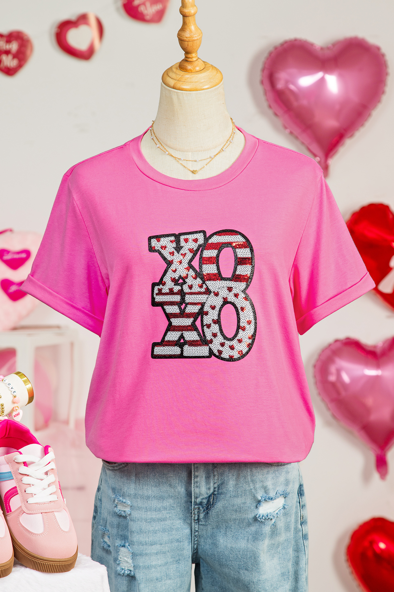 Sachet Pink Sequined XOXO Graphic Valentine T Shirt - loveforevers