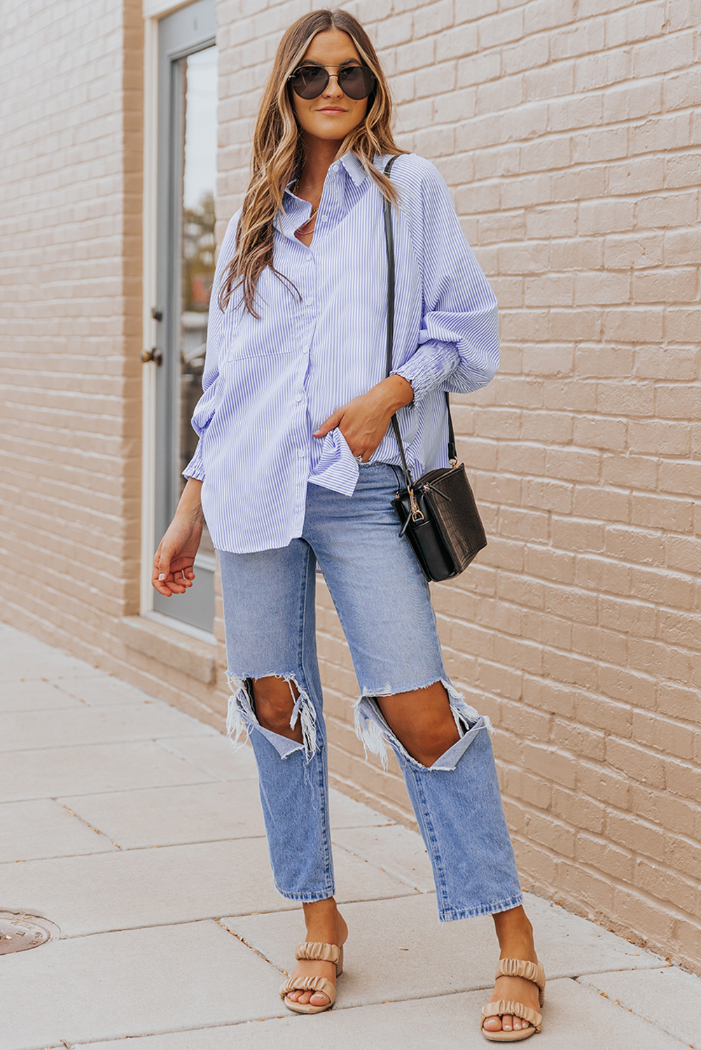 Red Stripe Smocked Cuffed Striped Boyfriend Shirt with Pocket - loveforevers