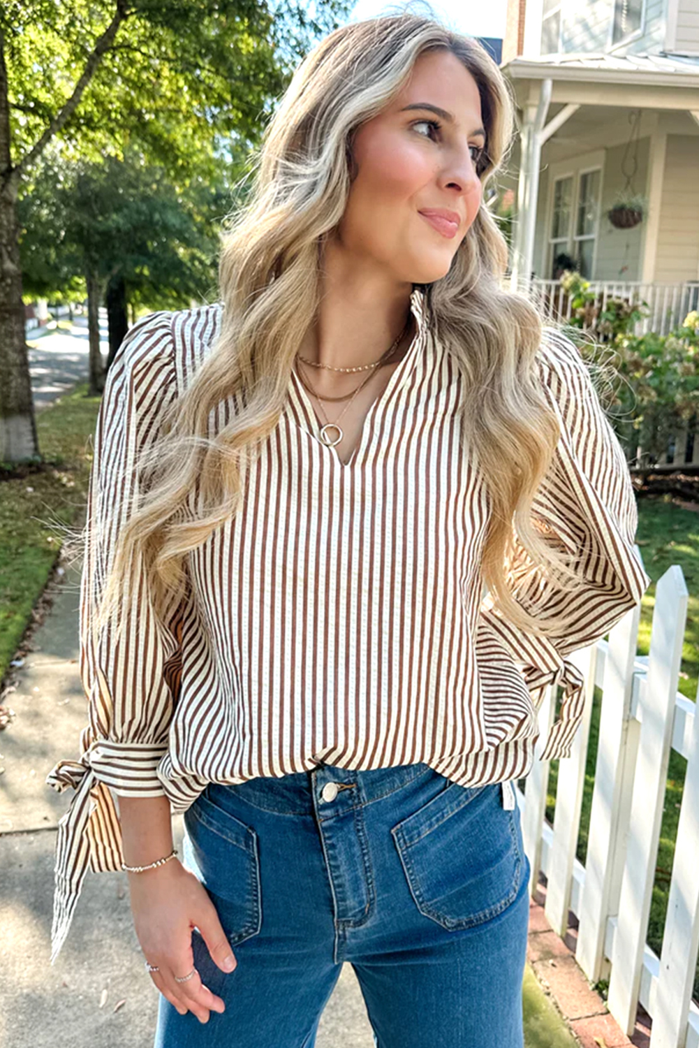 Straw Yellow Striped Print Tied Cuffs Split Neck Seersucker Blouse - loveforevers