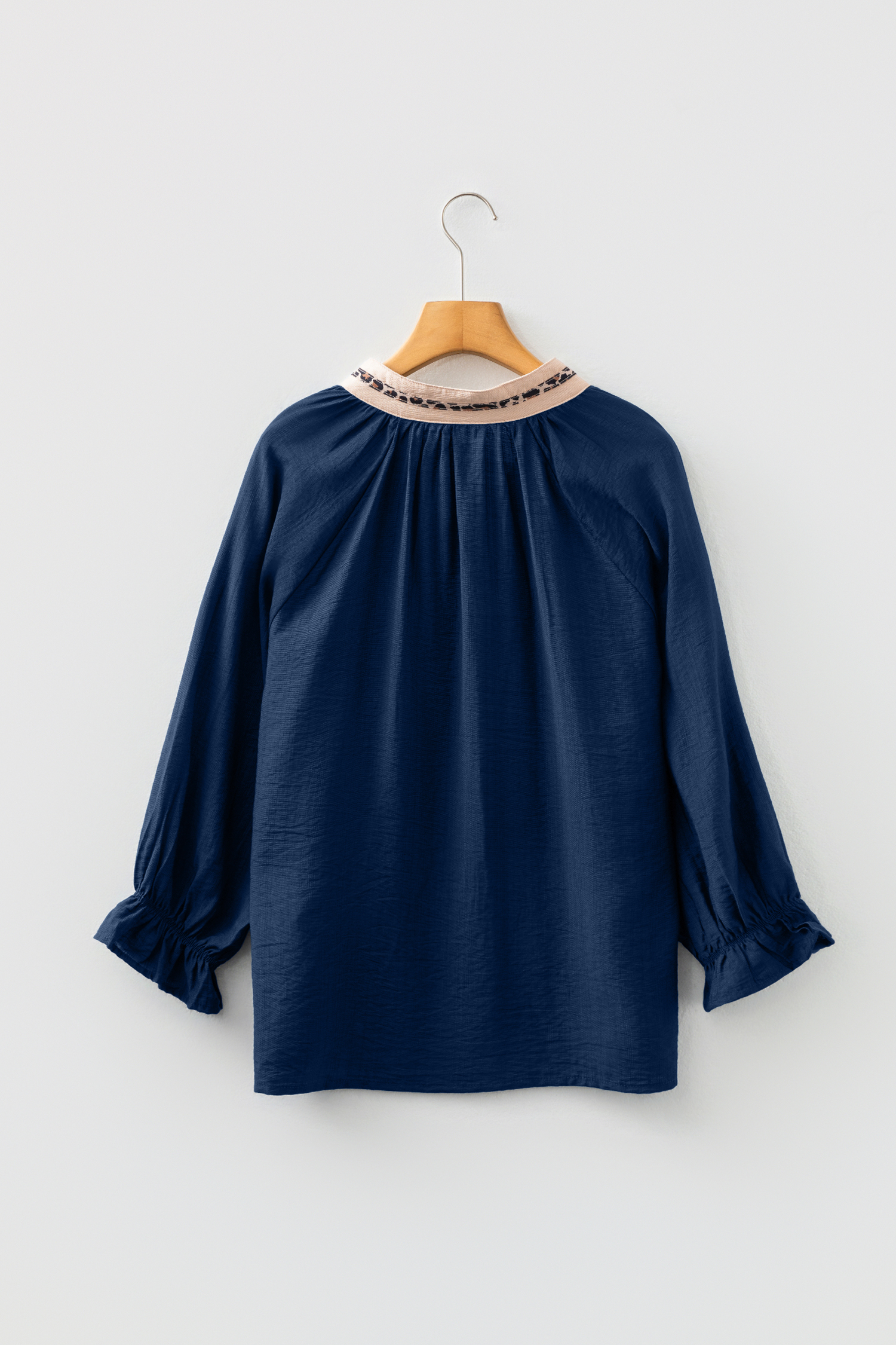 Dirty blue Leopard Trim V Neck Flounced Bracelet Sleeve Blouse - loveforevers