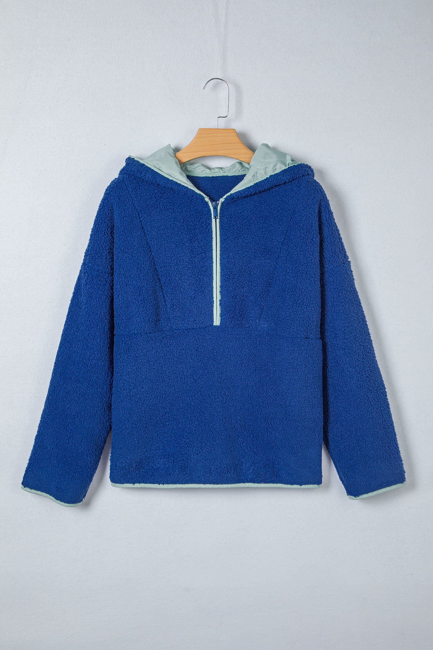 Sky Blue Sherpa Half Zip Contrast Trim Pullover Hoodie - loveforevers