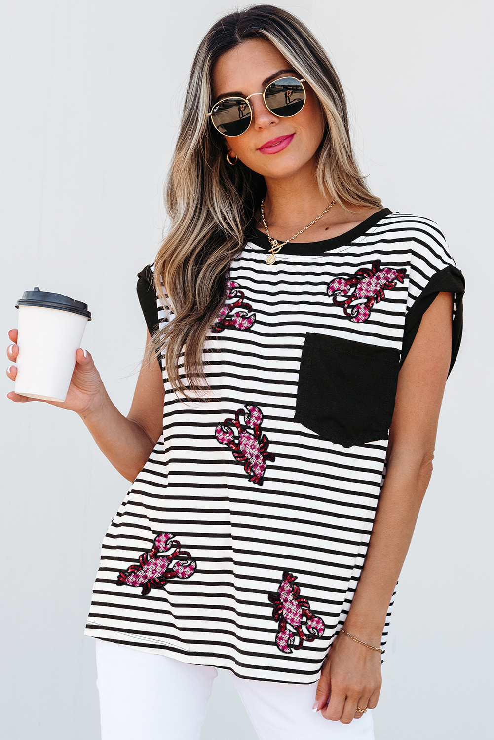 Black Stripe Sequined Lobster Patched Pocket Casual Tank Top - loveforevers