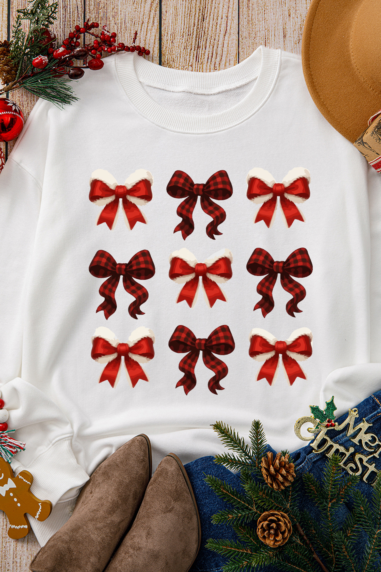 White Festive Bow Graphic Christmas Holiday Classic Sweatshirt - loveforevers