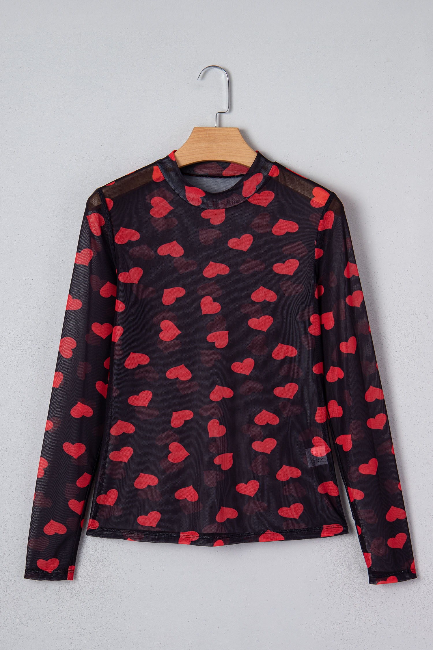 Black Valentines Heart Printed Sheer Mesh Long Sleeve Top - loveforevers