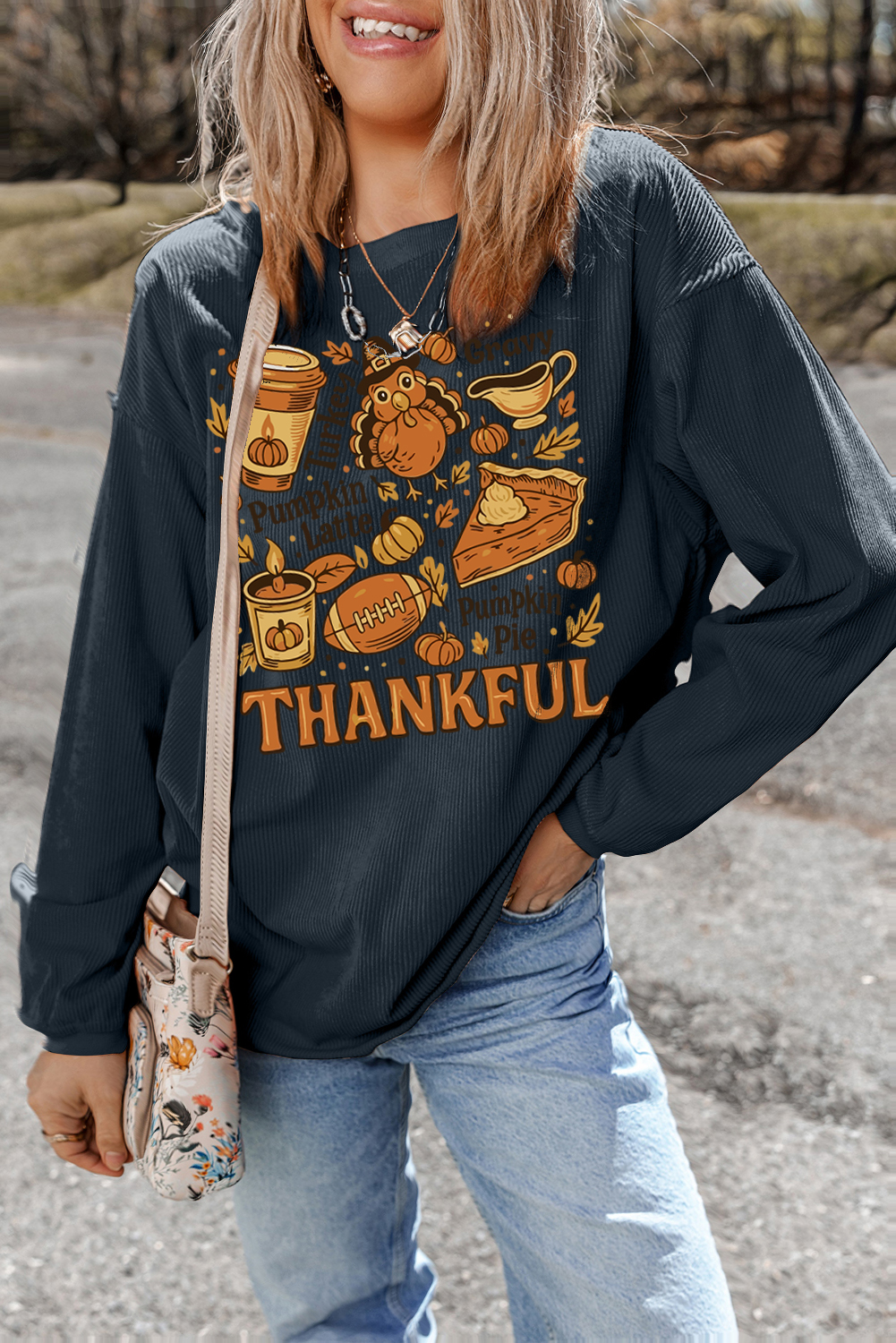 Dark Grey Twisted Ribbed THANKFUL Fall Fashion Printed Baggy Sweatshirt - loveforevers