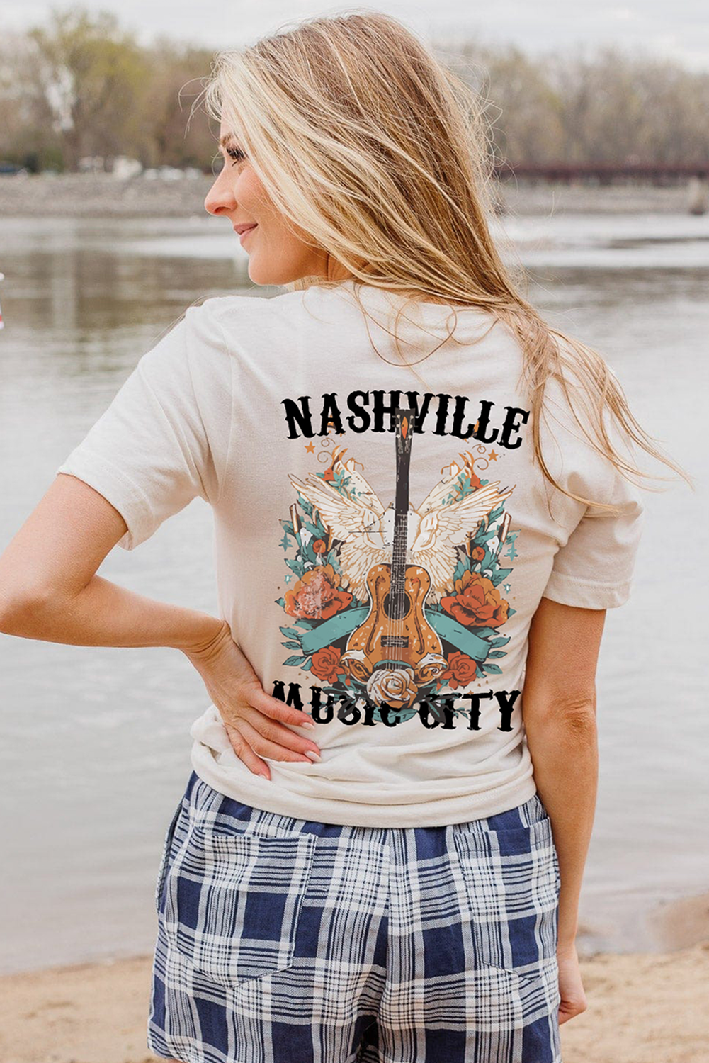 White NASHVILLE MUSIC CITY Guitar Wings Graphic Tee - loveforevers