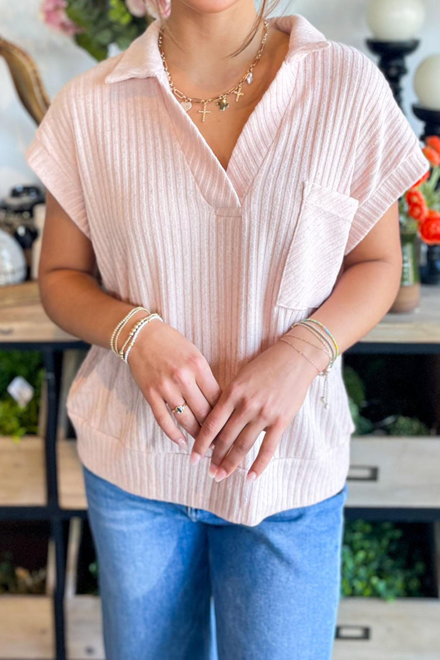 Light Pink Collared V Neck Ribbed Tee - loveforevers