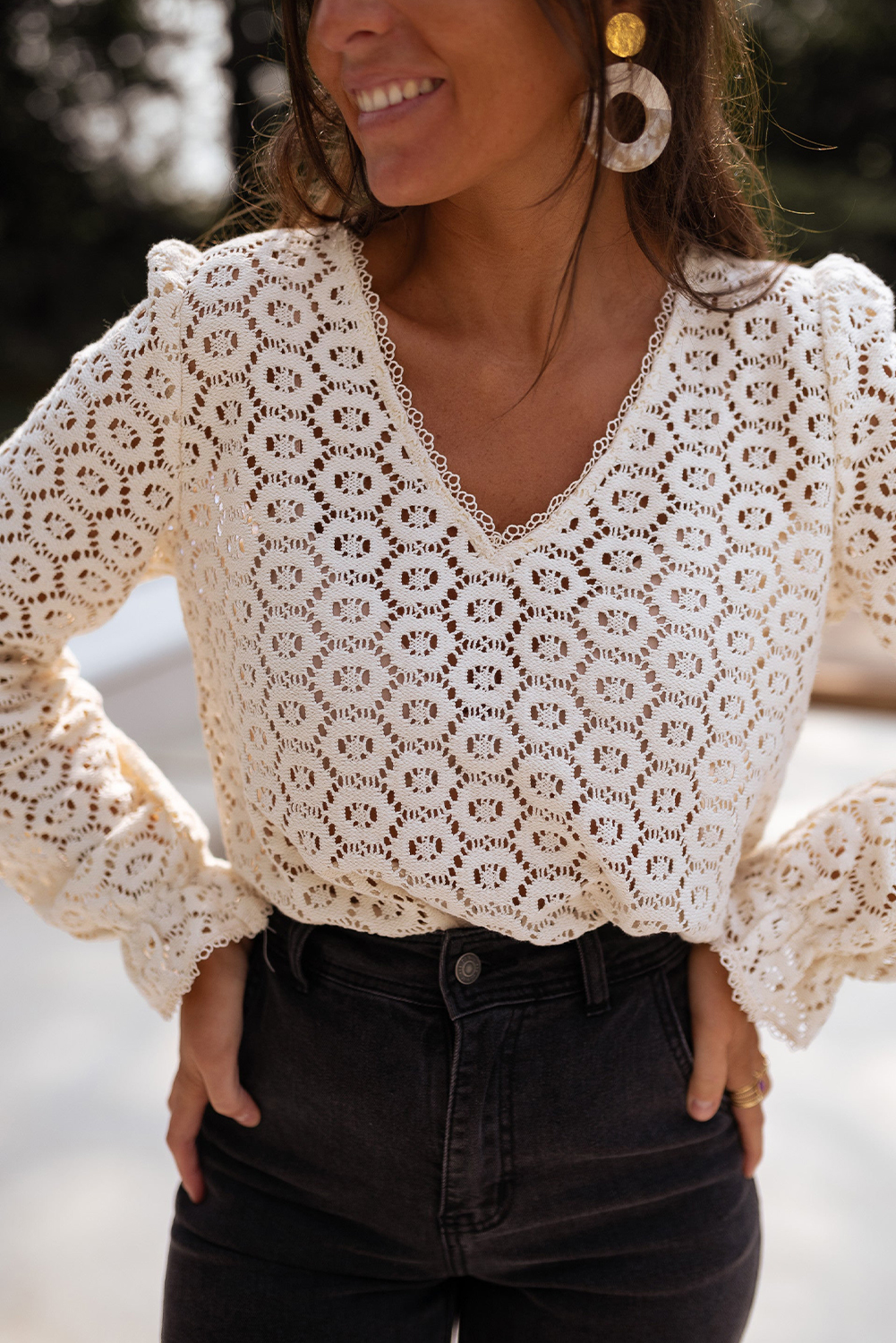 Beige Flower Lace V Neck Ruffled Sleeve Top - loveforevers