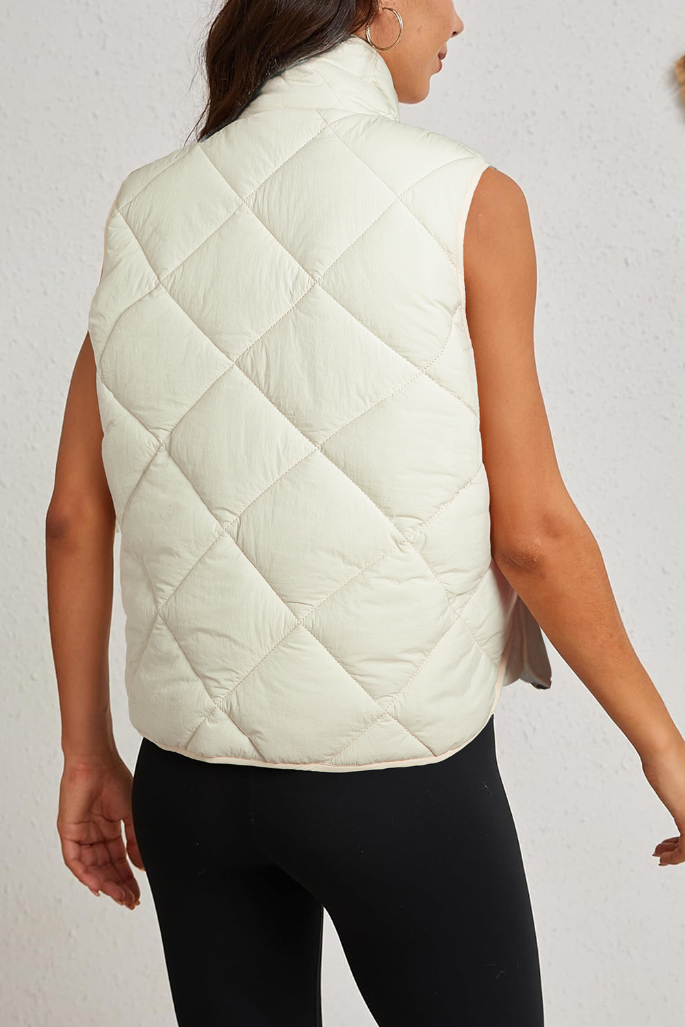 Beige Quilted High Neck Button Up Pocket Vest Coat - loveforevers