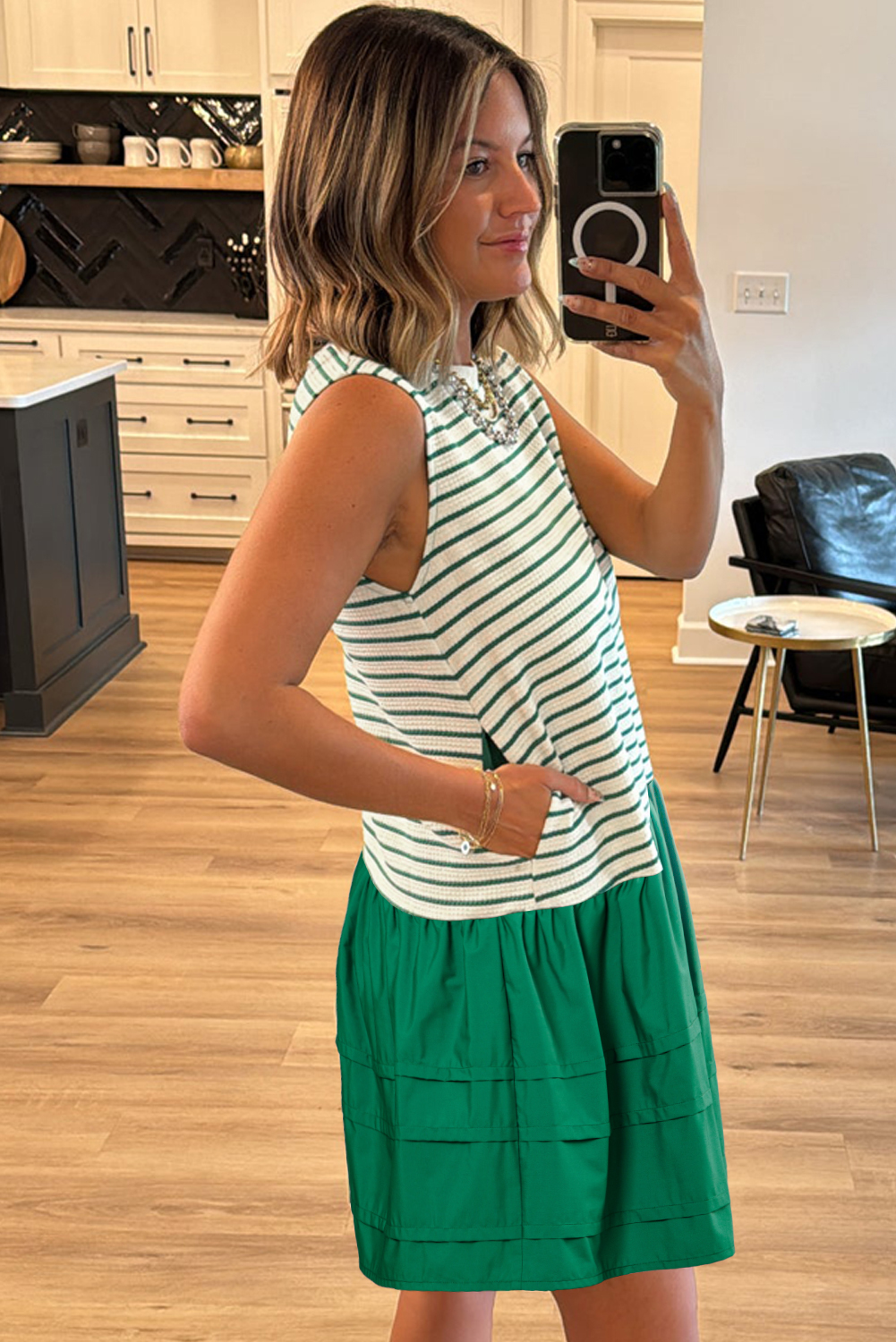 Green Stripe Woven Ruffled Sleeveless Mini Dress - loveforevers