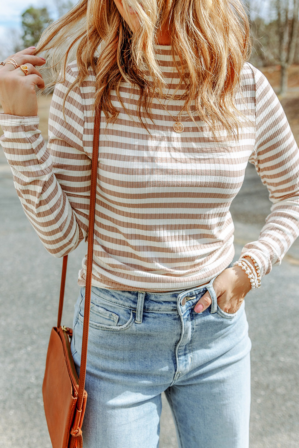 Striped Print Textured Knit Long Sleeve Tee - loveforevers