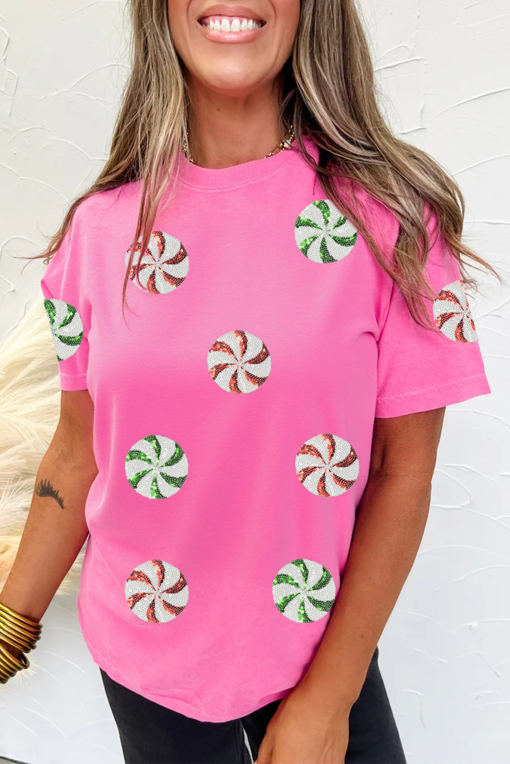 Sachet Pink Sequined Peppermint Pattern Christmas Custom T Shirt - loveforevers