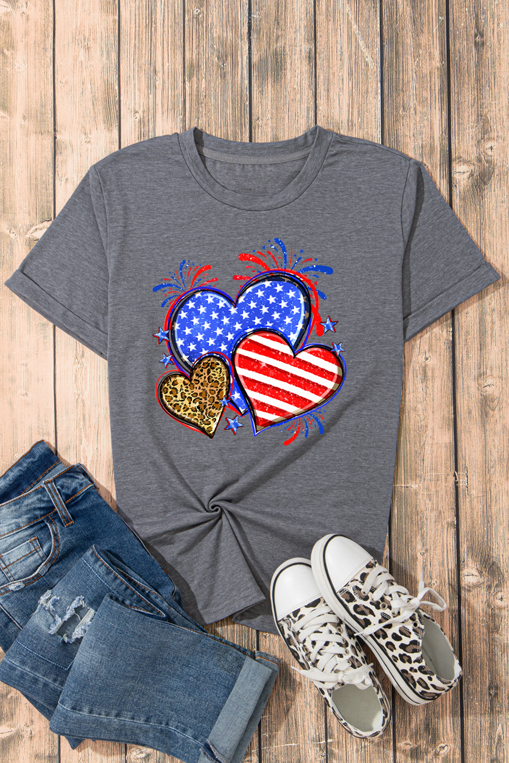 Gray American Heart July 4th Celebration Graphic T Shirt - loveforevers