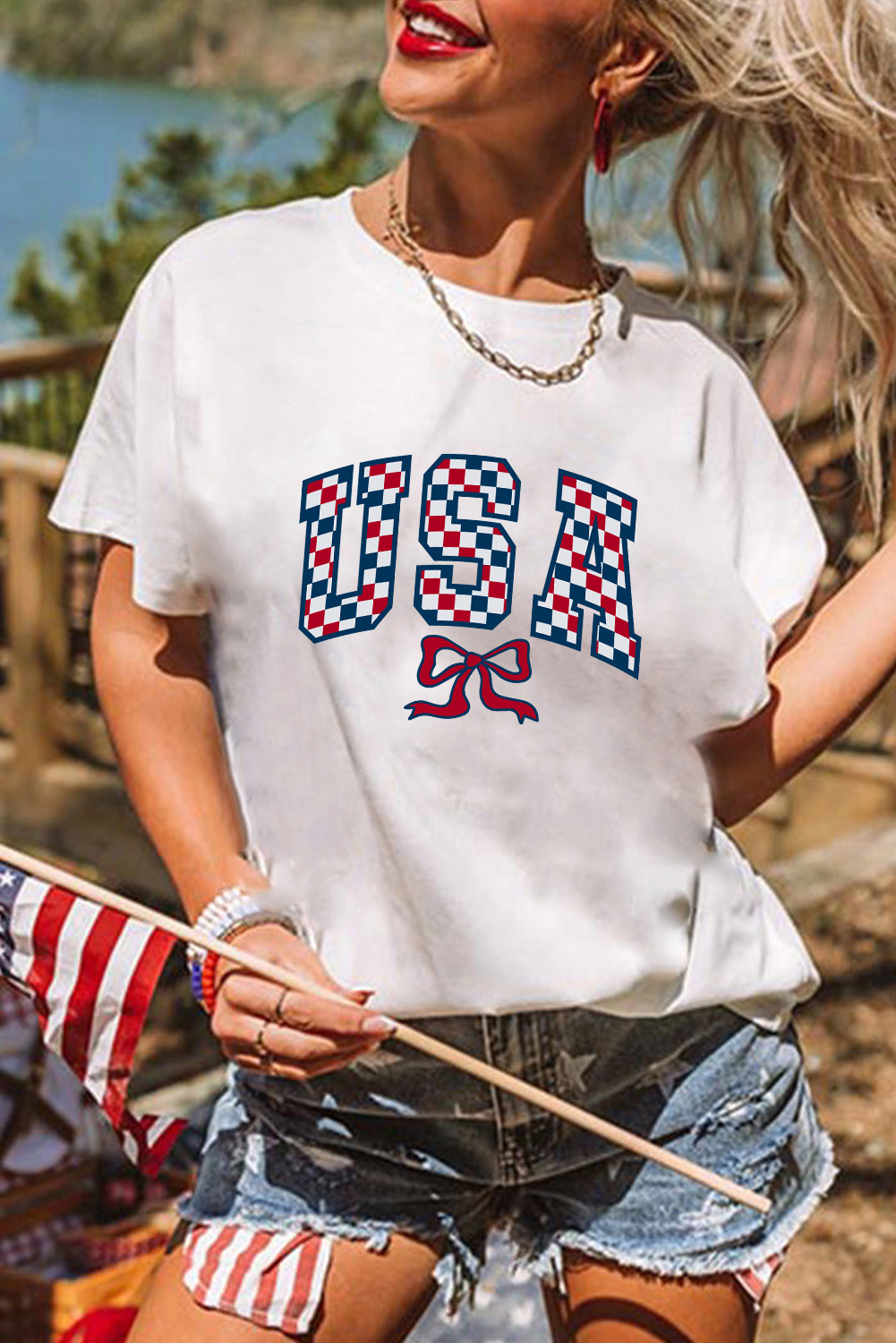White Checkered USA Graphic Casual Tee - loveforevers